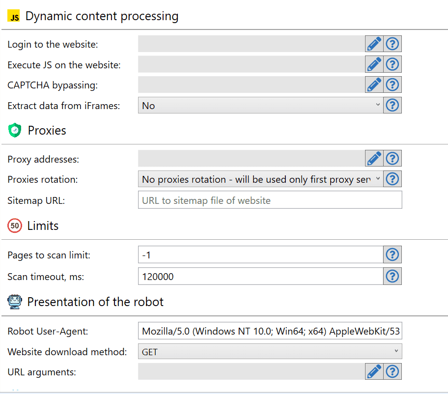 Data Excavator Robot Settings