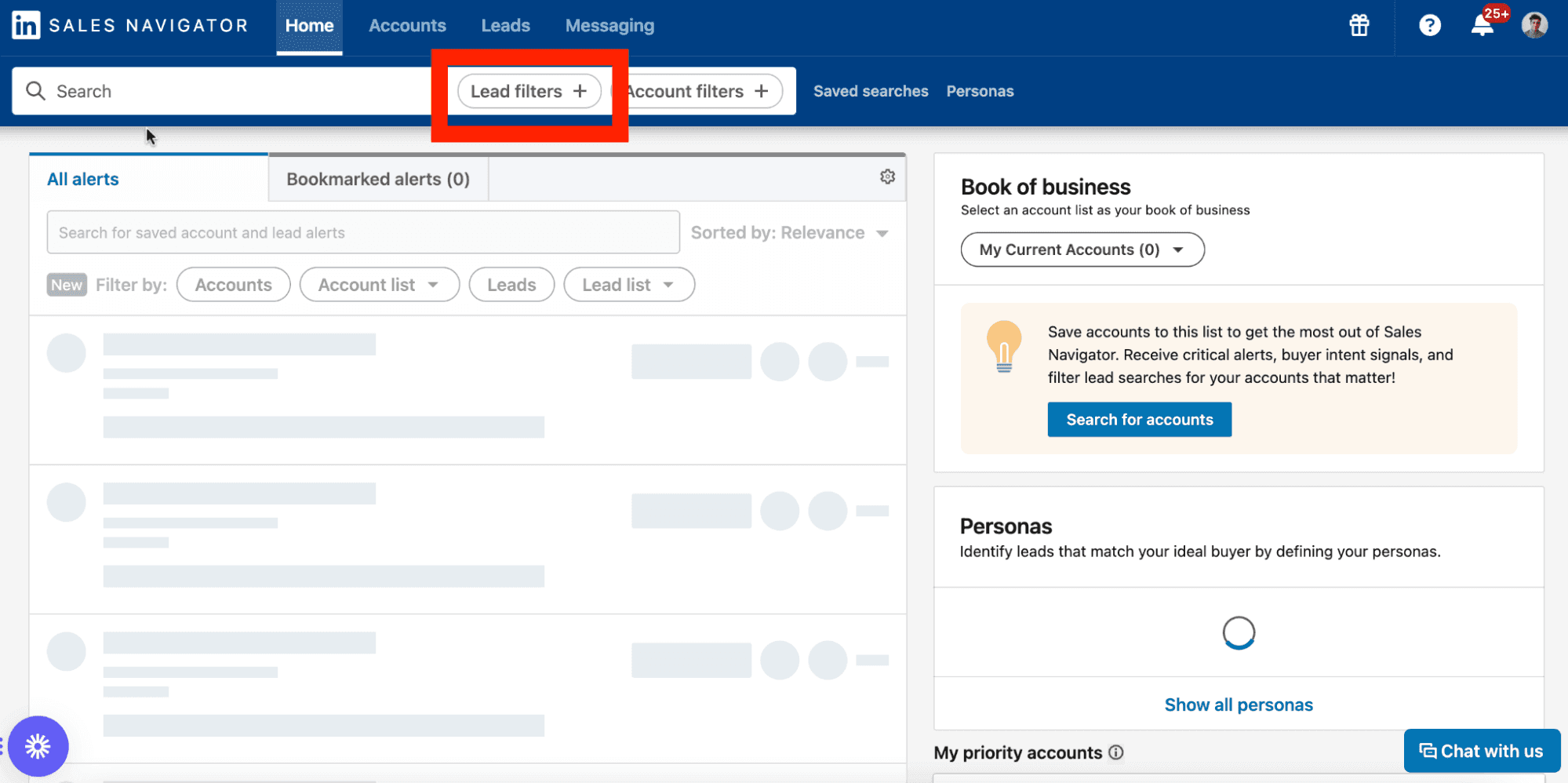 Sales Navigator dashboard with leads filters highlighted