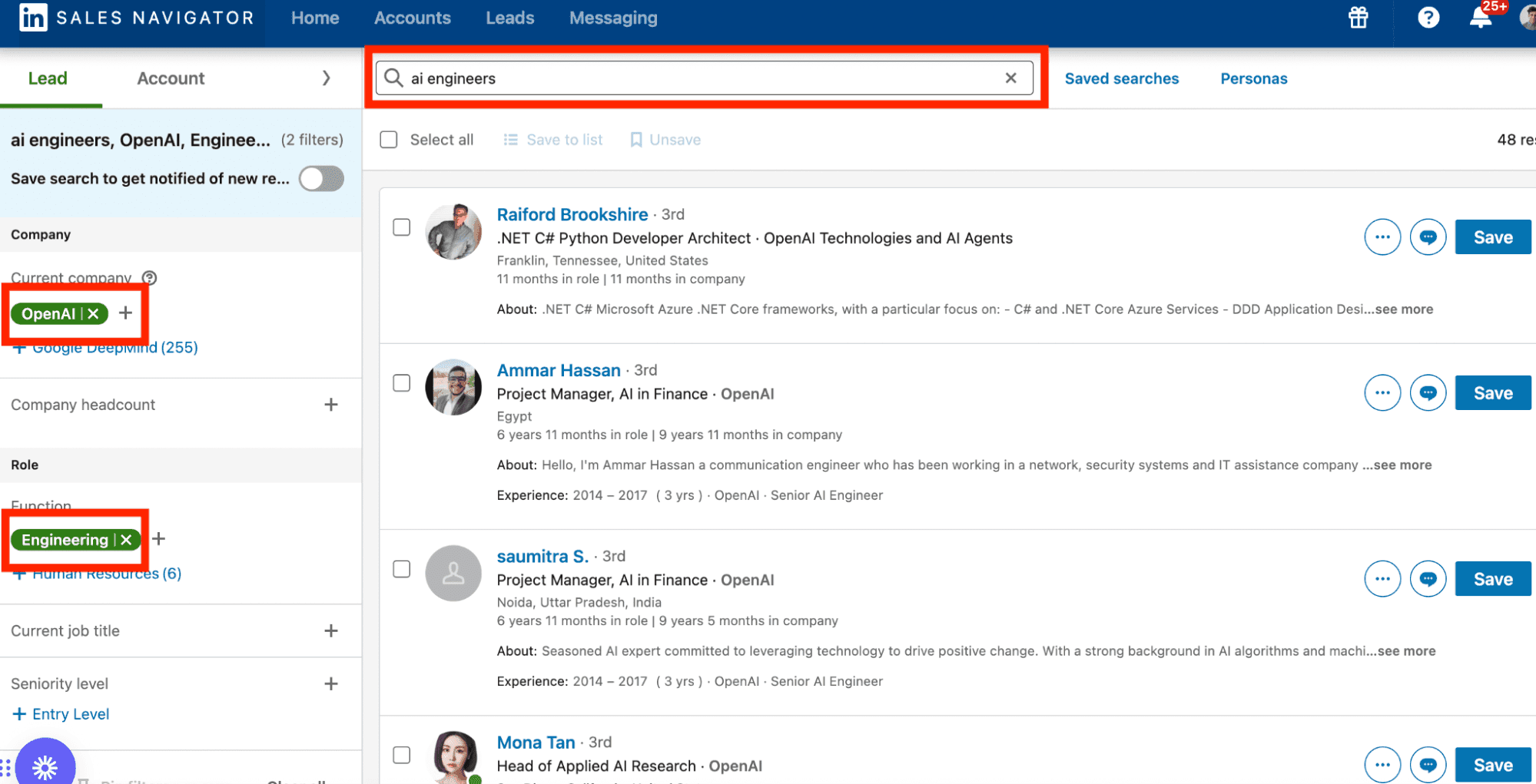 Sales Navigator search results for AI Engineers working in Engineering at OpenAI