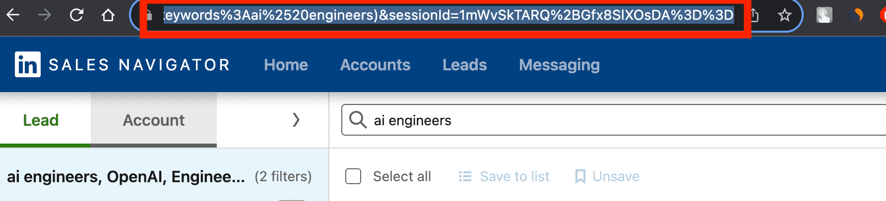 Highlighted LinkedIn Sales Navigator Leads Search URL from the browser