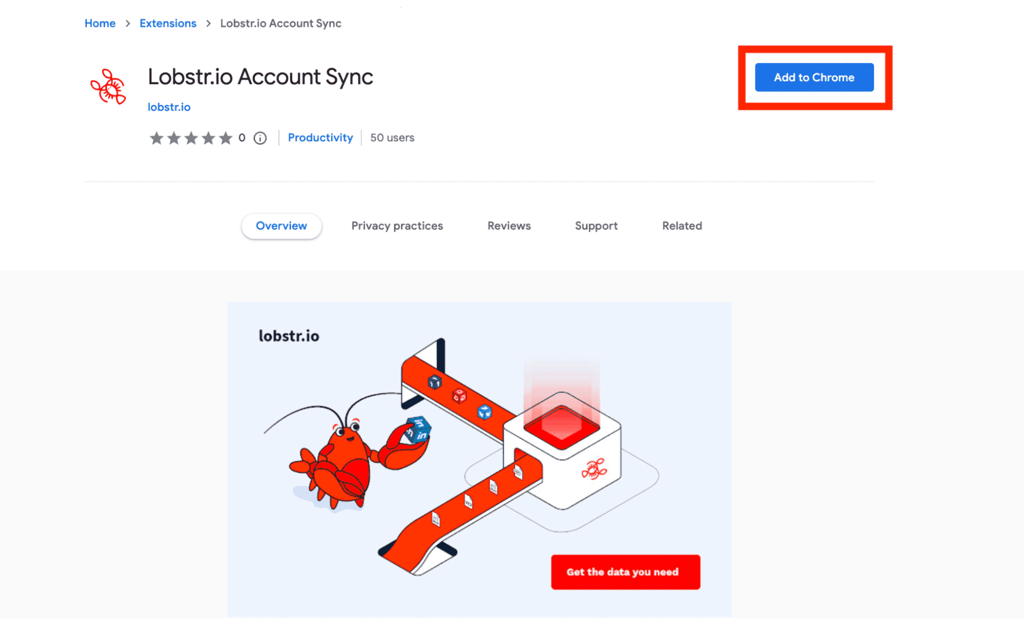 Lobstr.io add-on on Chrome store screenshot with highlighted button