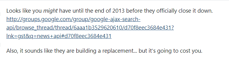 StackoverFlow answer stating Google has no official news API anymore