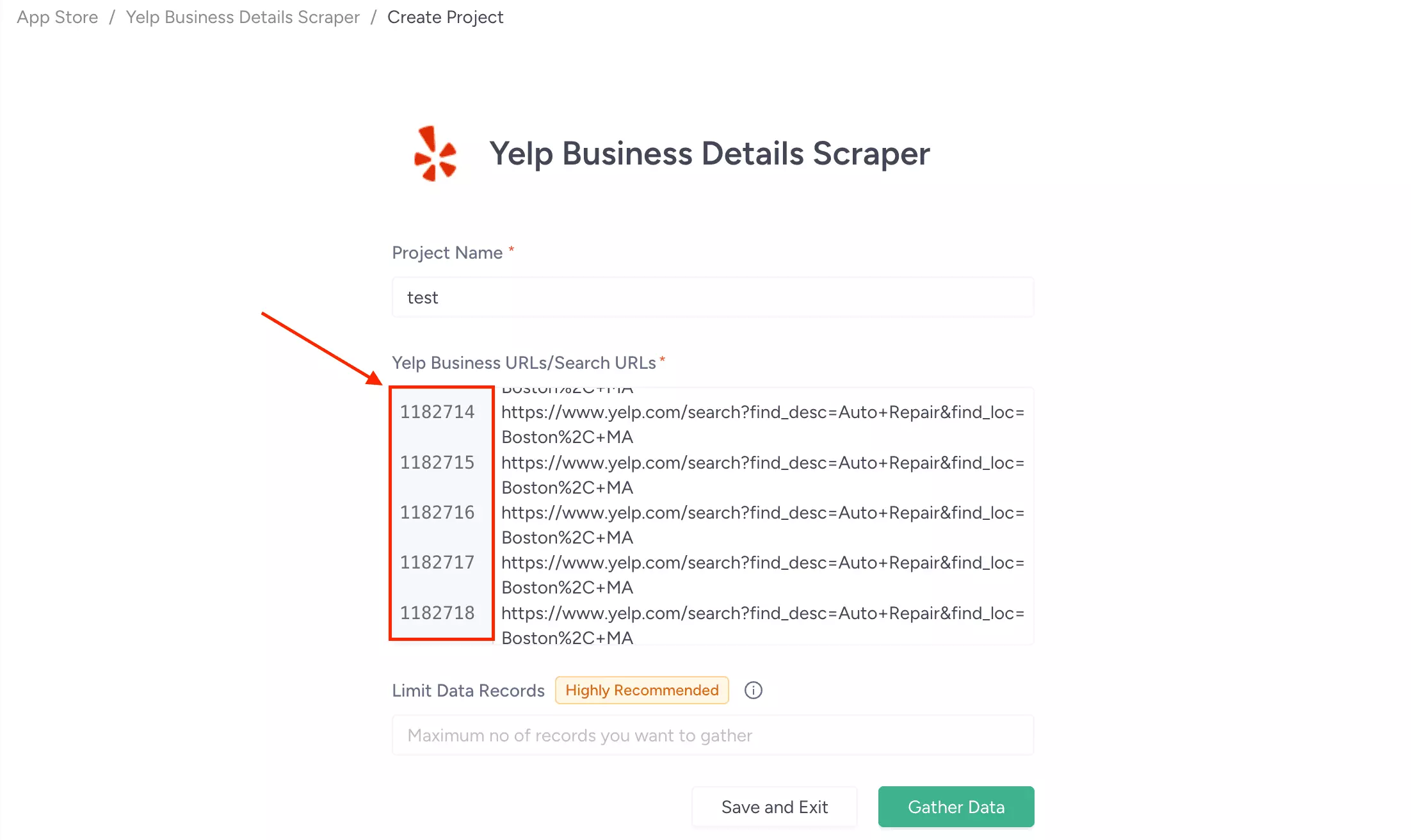 ScrapeHero Cloud URL input field showing 1M+ links pasted without hitting a cap