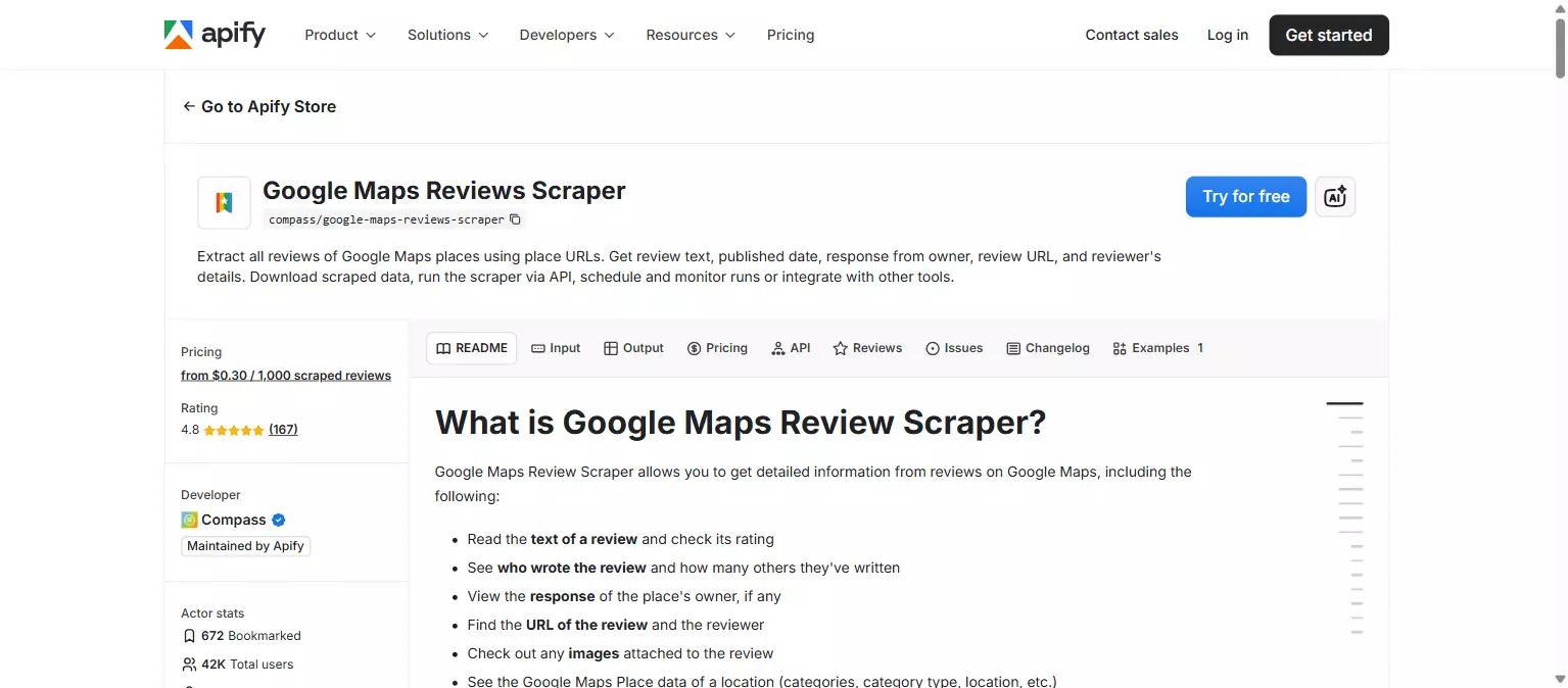 Apify - Google Maps Reviews Scraper actor page