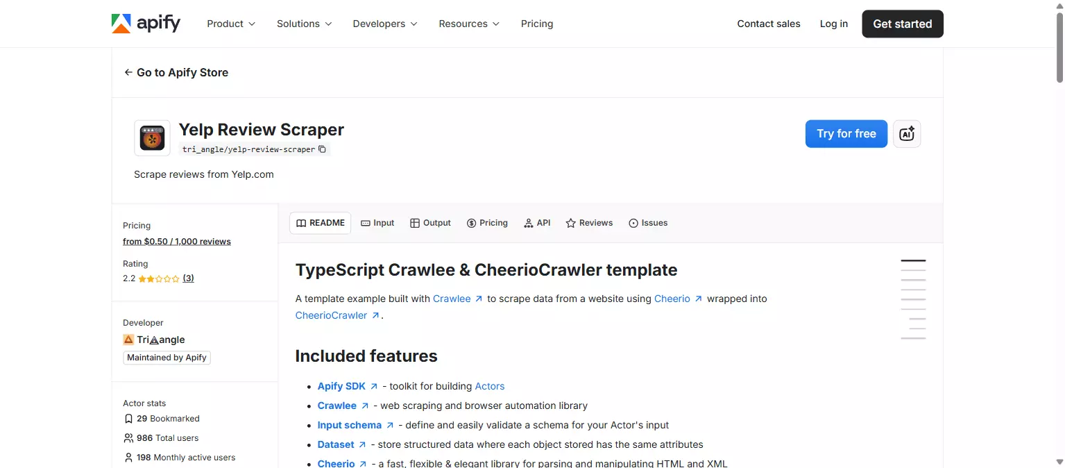 Apify Yelp Review Scraper actor page