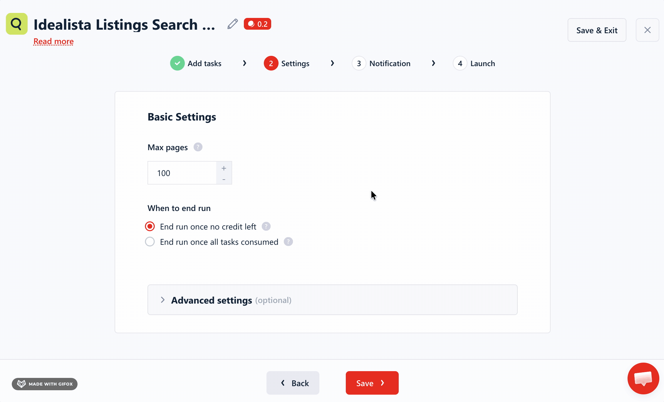 GIF of lobstr.io run settings β max pages, max results, deduplication, and line-break handling
