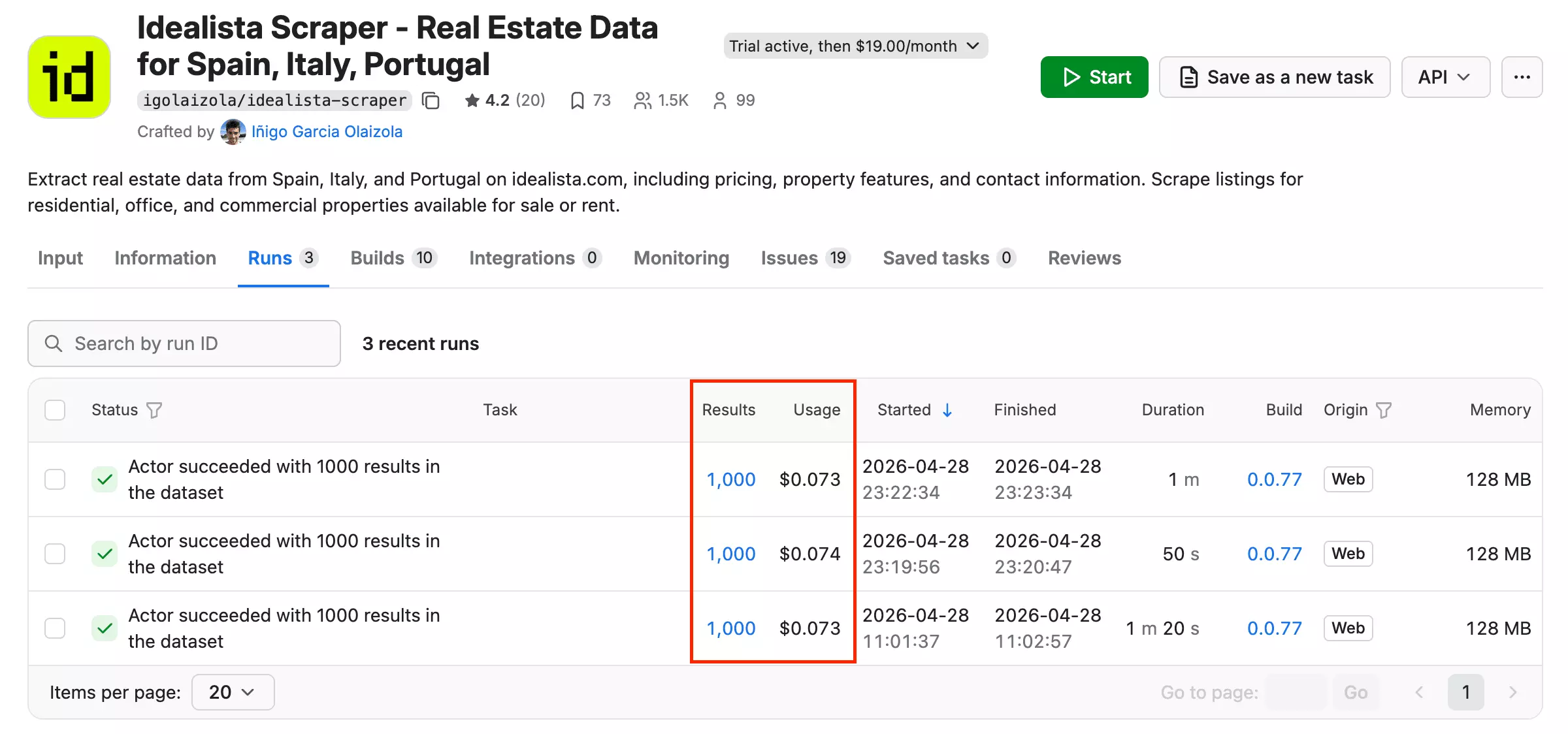 Apify usage cost breakdown for 1,000 results β approximately $0.07 total