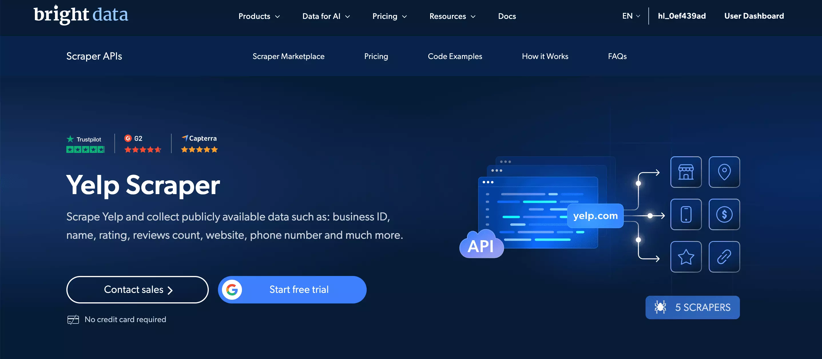 Bright Data homepage showing the Yelp scraper product page