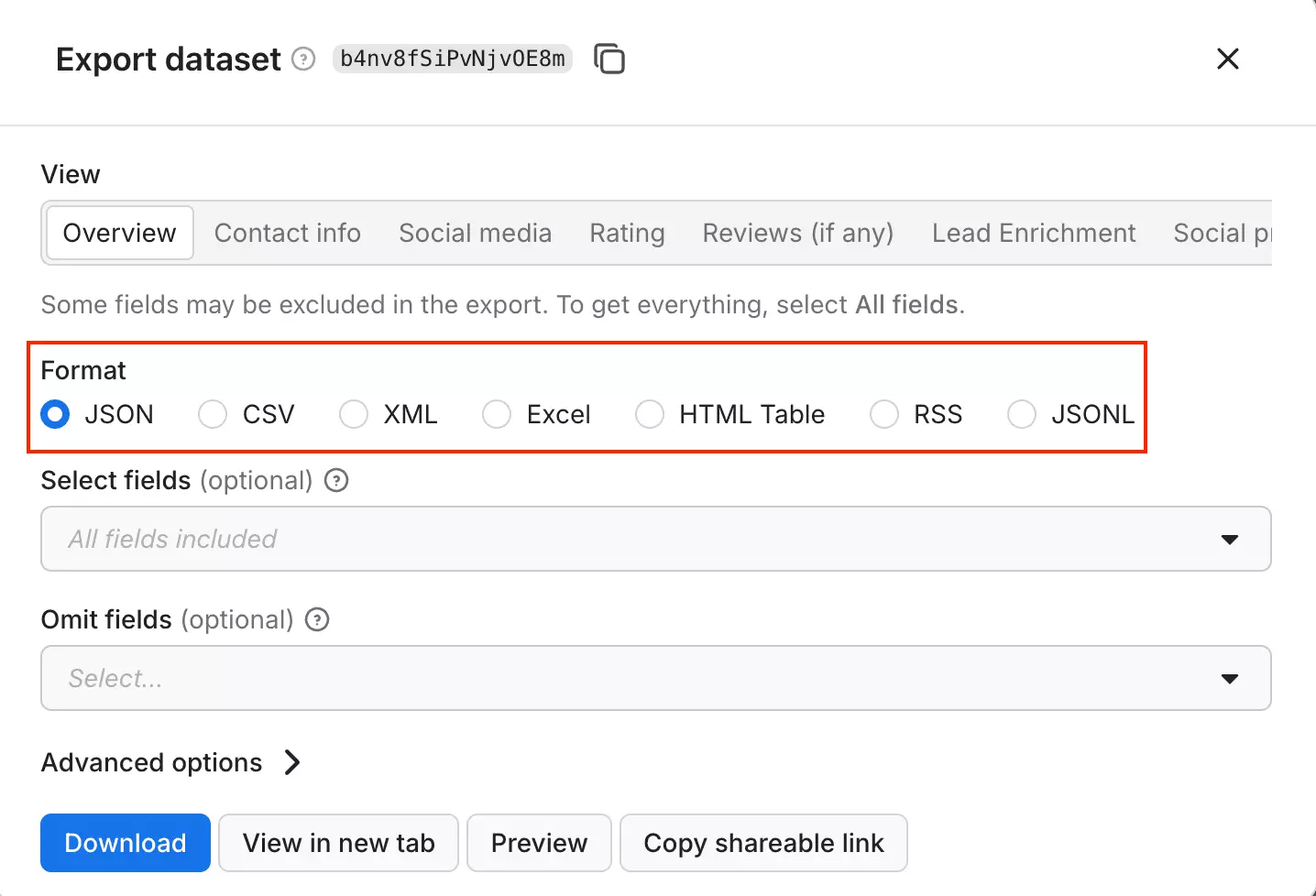 screenshot of export options