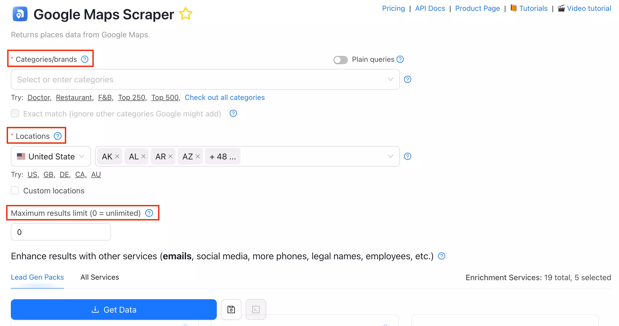 User interface of Outscraper