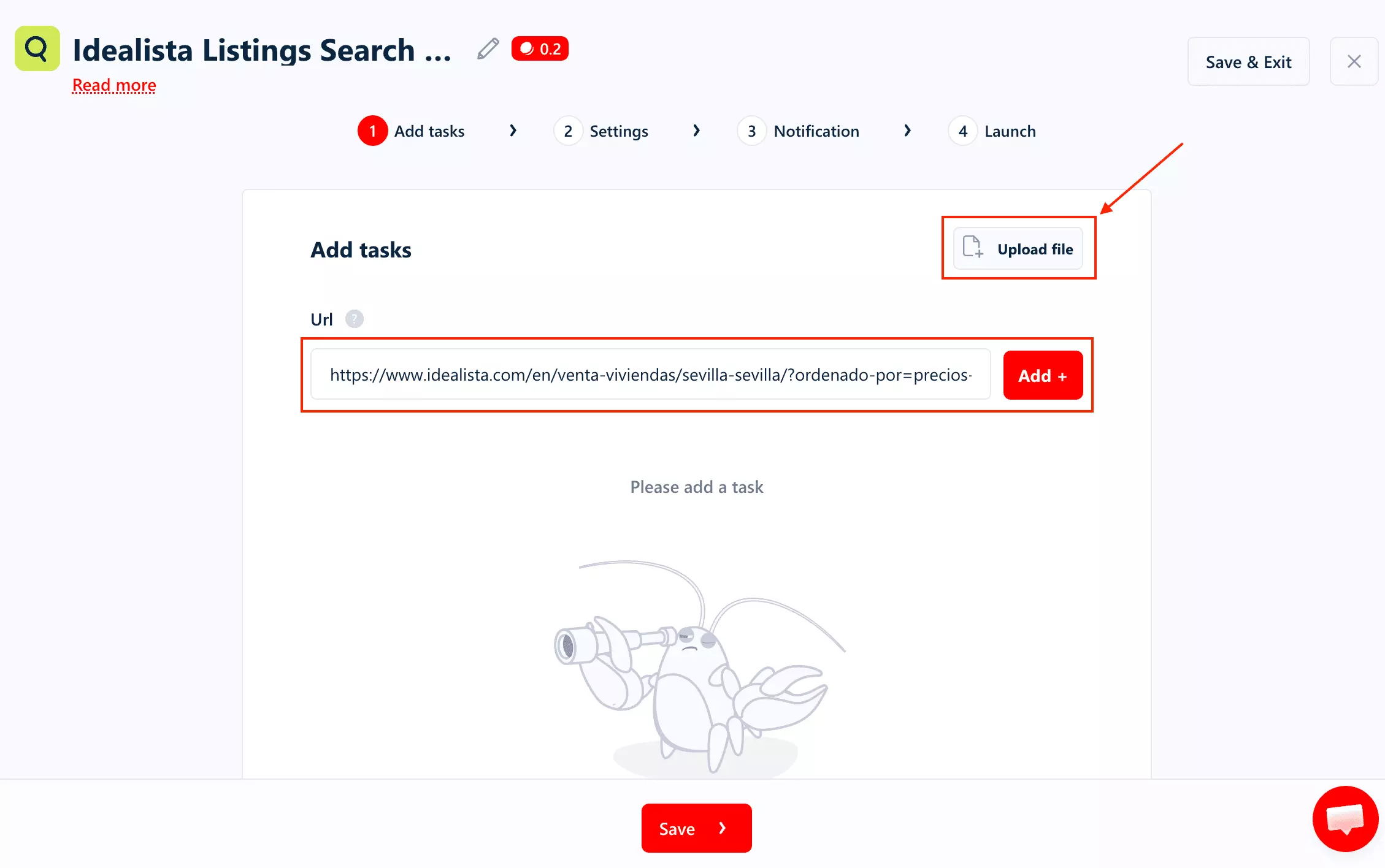 lobstr.io URL input field with Idealista search URL pasted in