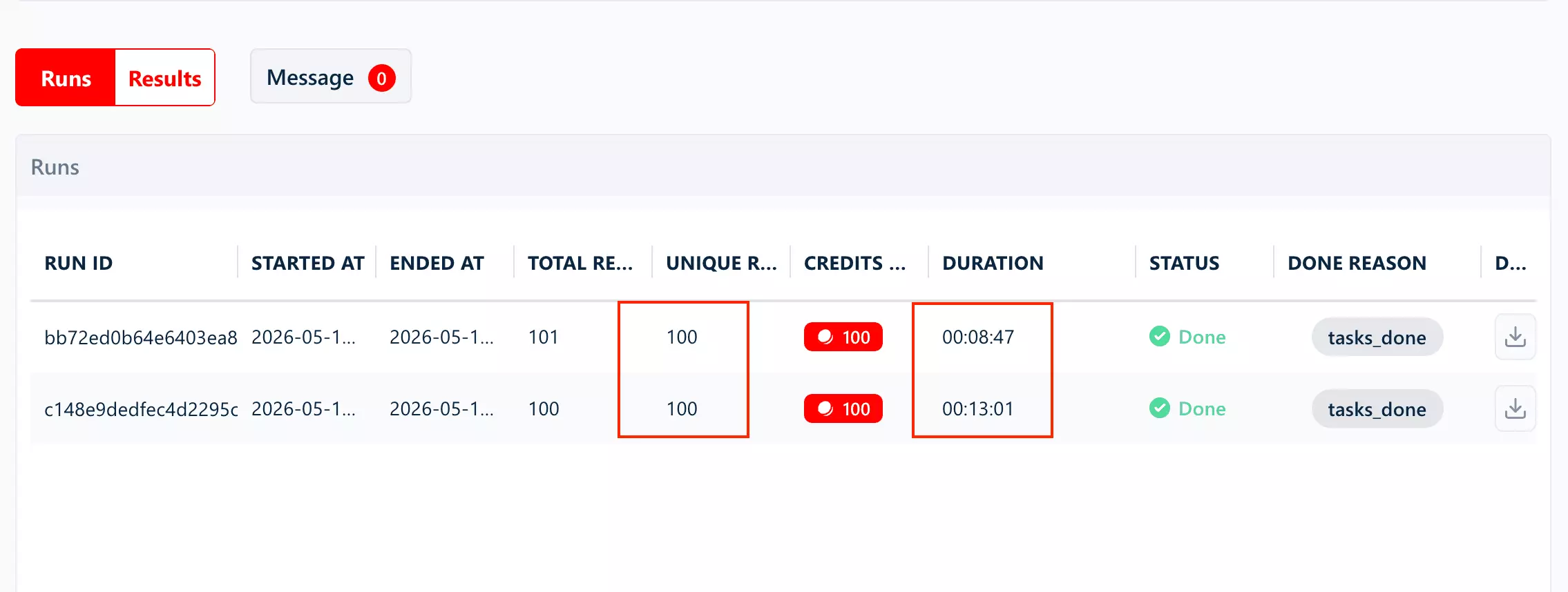 lobstr.io speed test showing 100 unique results collected