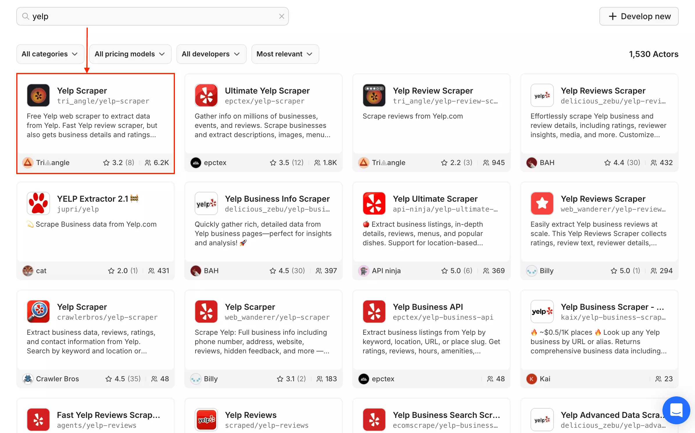 Apify Yelp scraper marketplace showing available actors with user counts and the selected actor highlighted