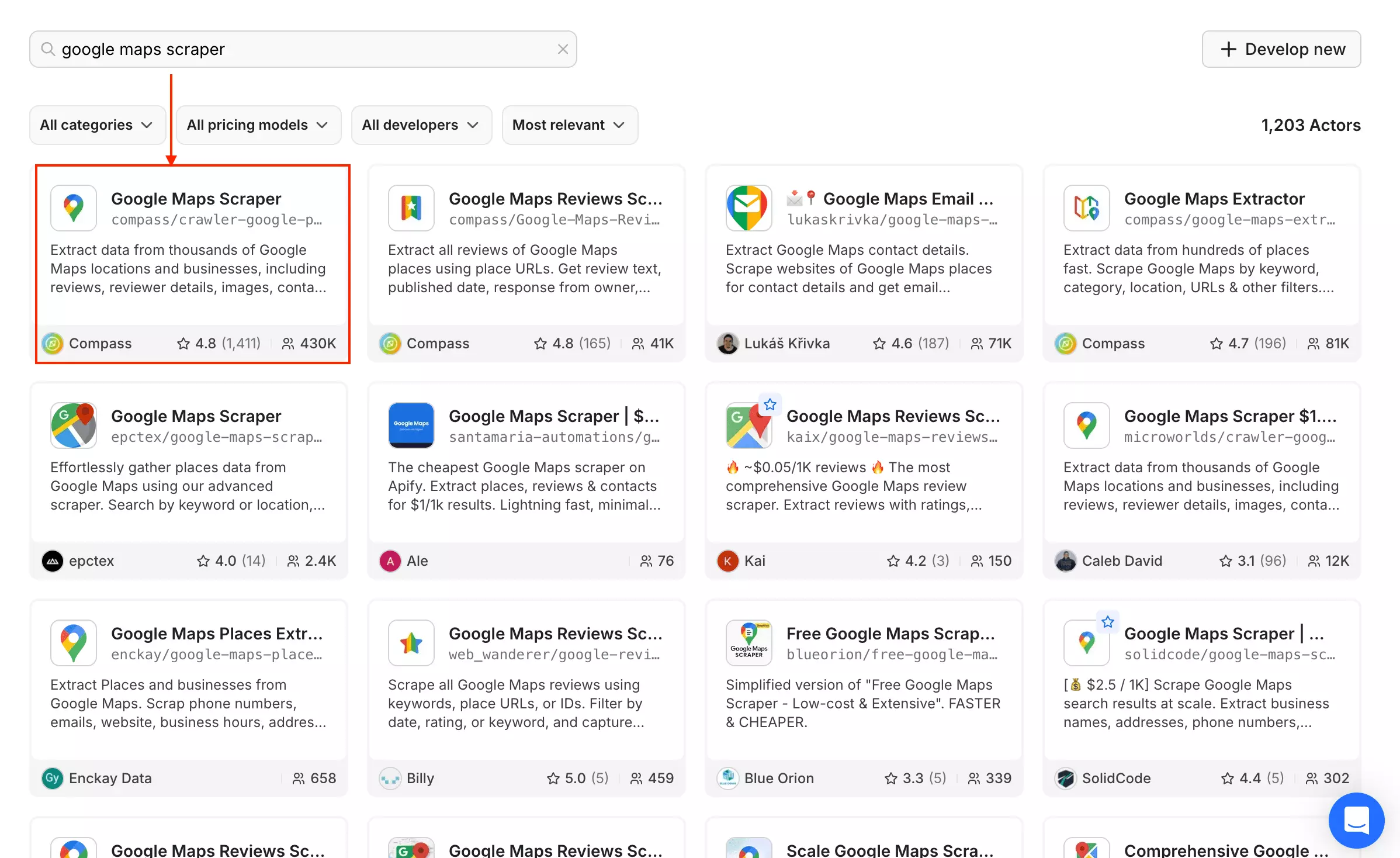 apify google maps scraper actor marketplace screenshot