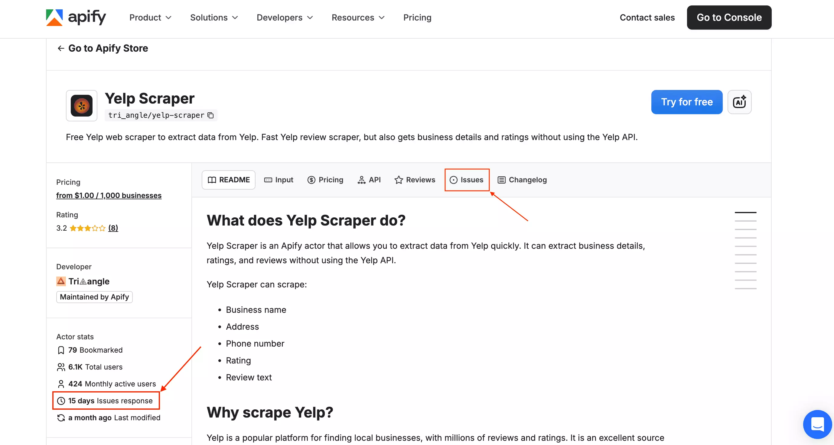 Apify support ticket showing a 15-day response time for the Yelp scraper actor