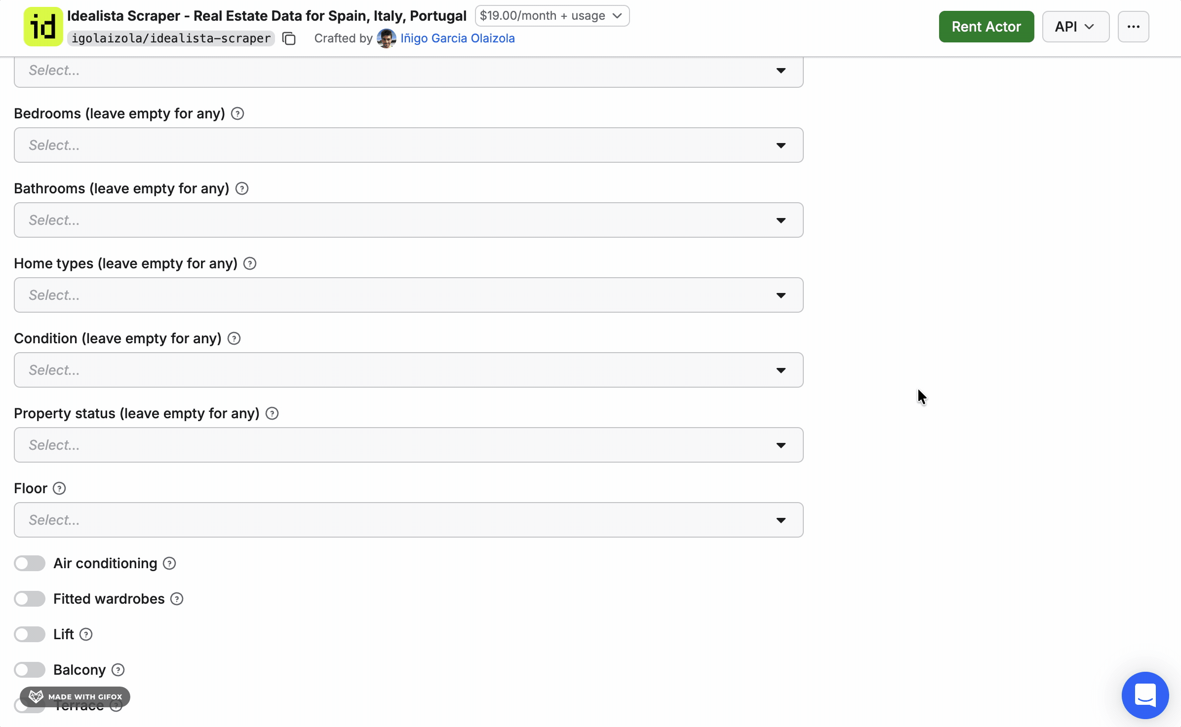GIF showing Apify amenity toggles β binary on/off with no "all listings" option