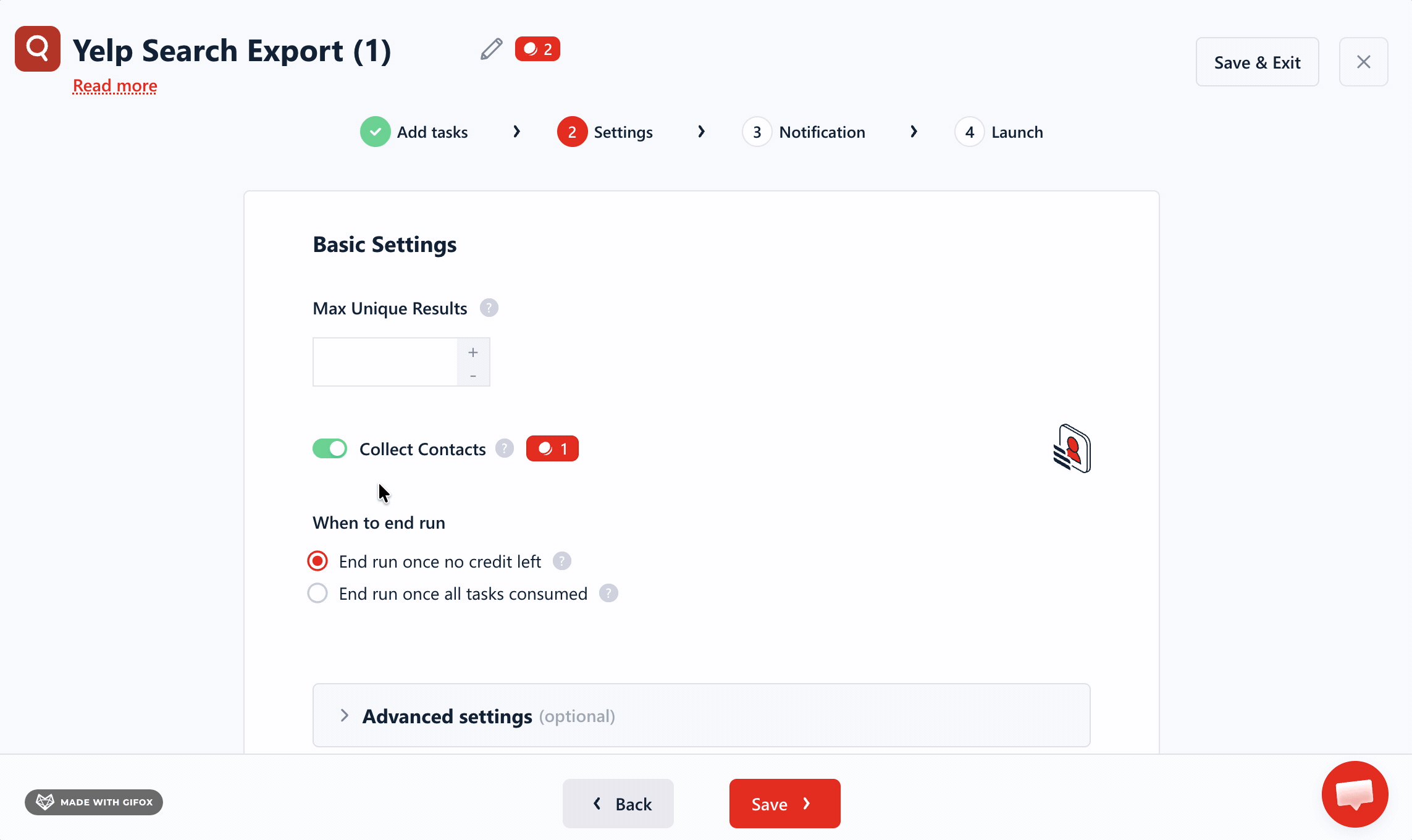 collect contacts toggle