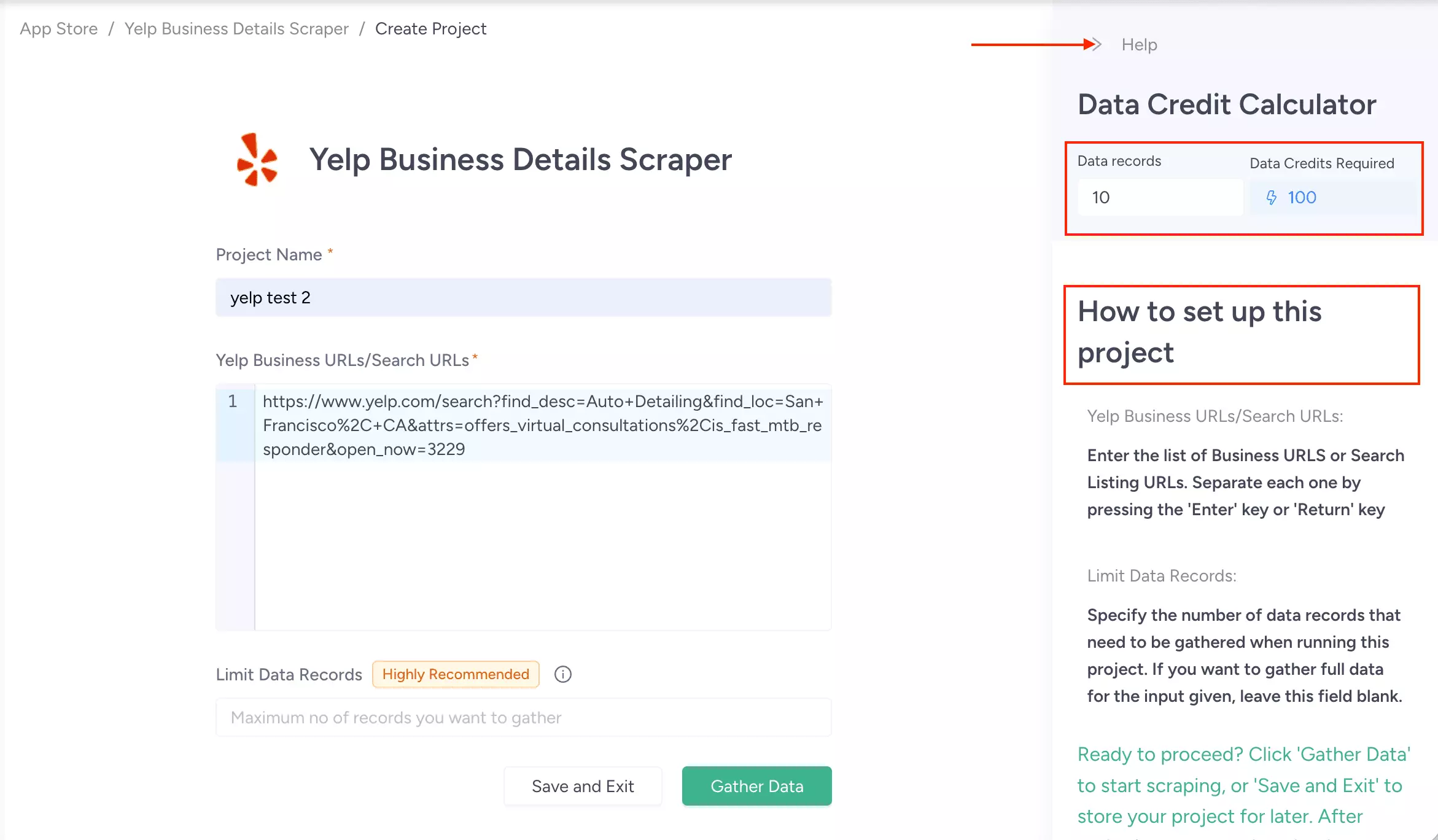 ScrapeHero Cloud right panel showing the Data Credit Calculator and setup guide