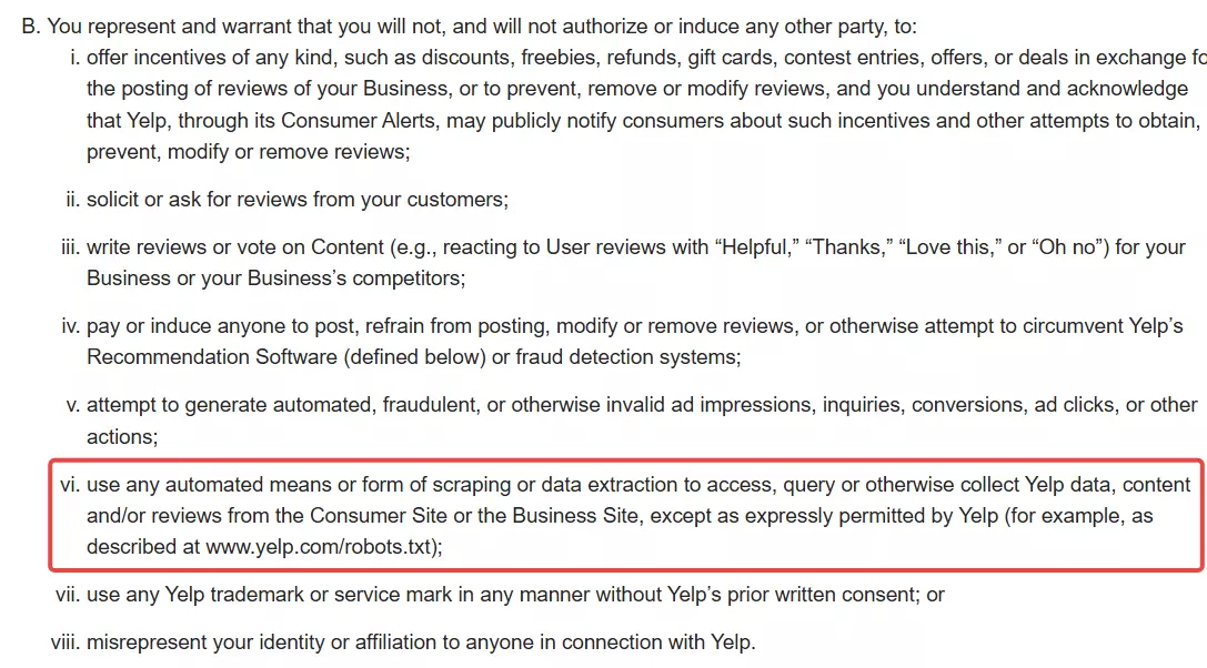 Is scraping Yelp legal - Yelp ToS prohibiting automated scraping
