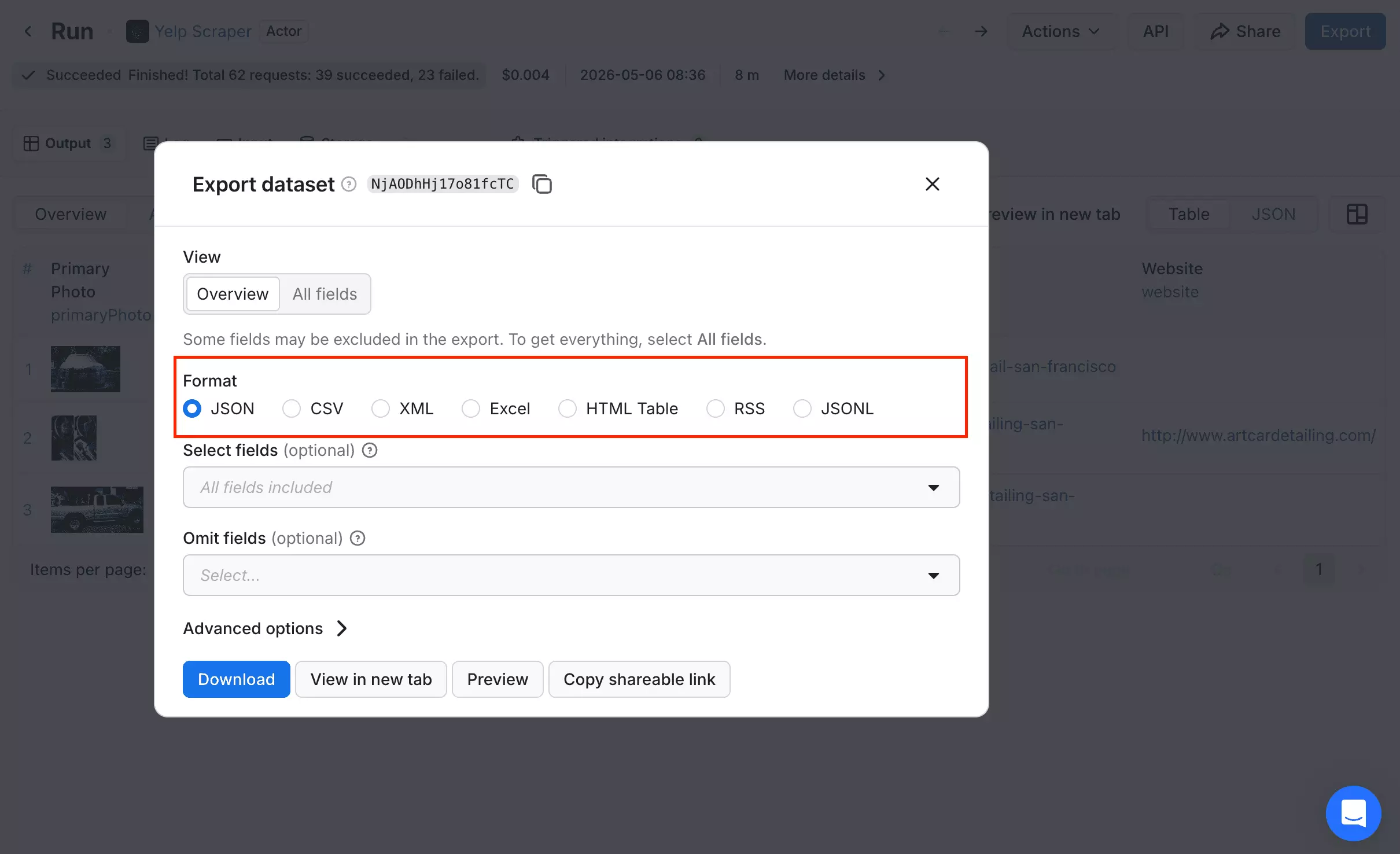 Apify export options showing CSV, JSON, Excel and integration connections