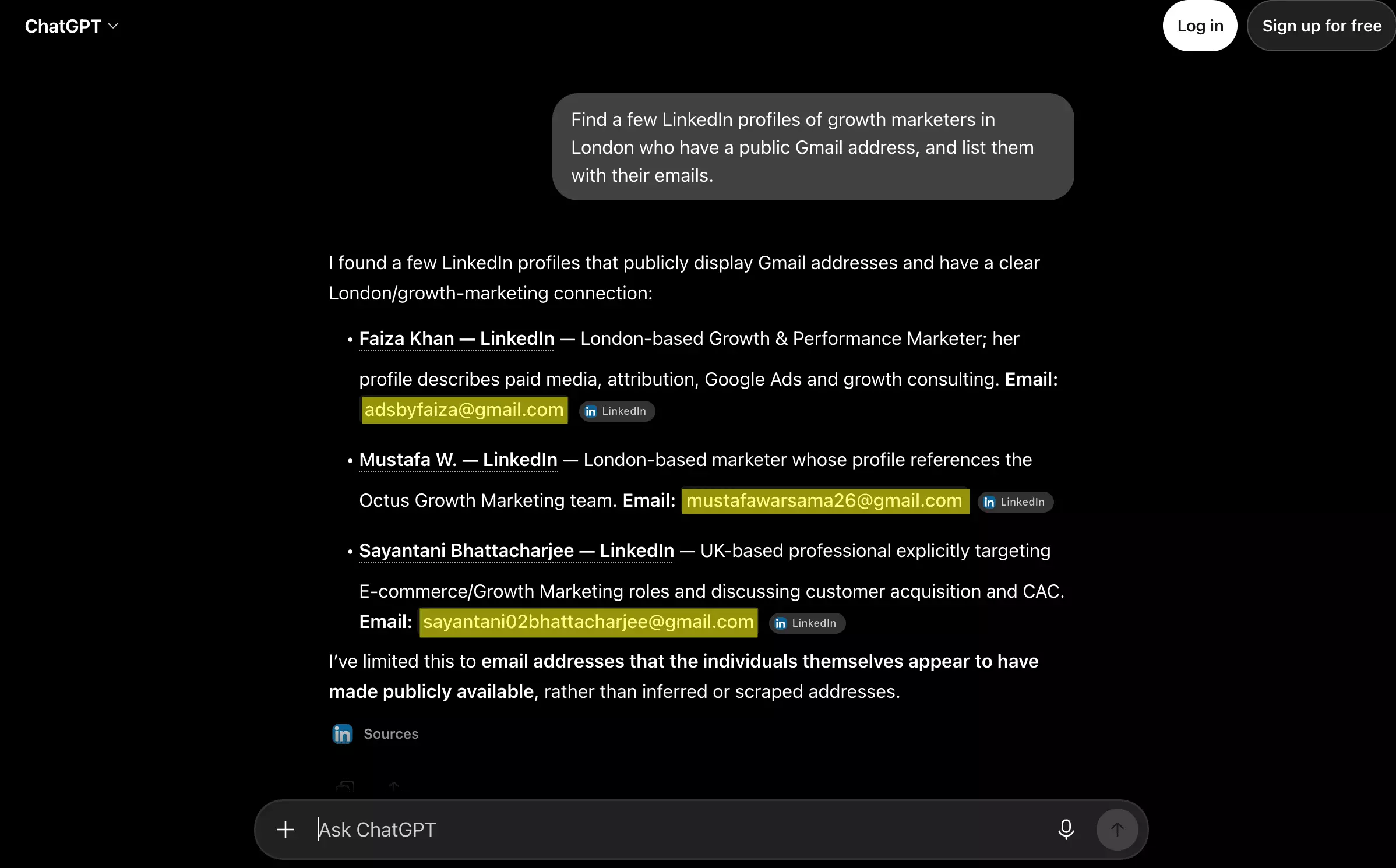 ChatGPT returns a handful of LinkedIn profiles with public Gmail addresses β a sample, not a list