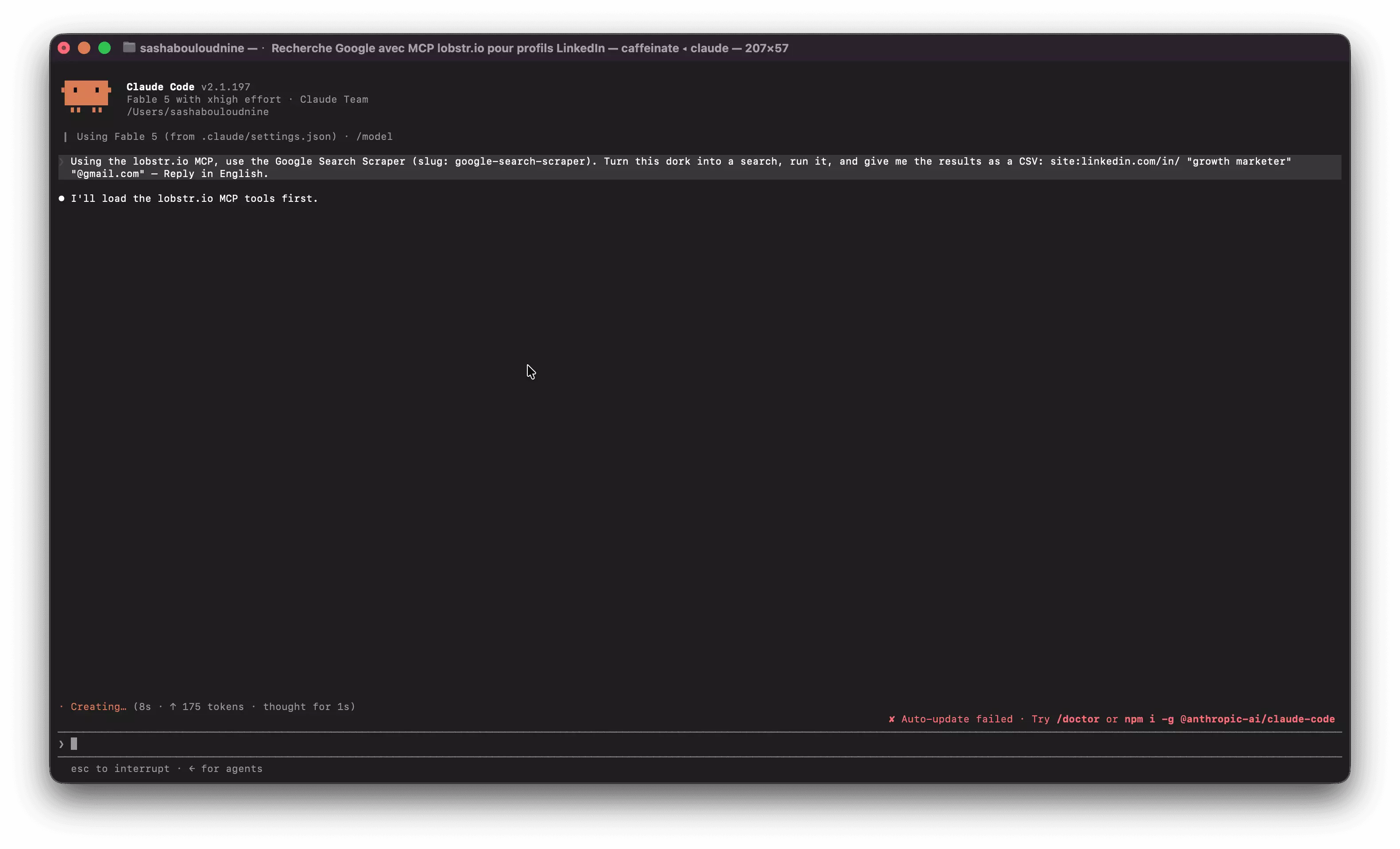 Claude driving the lobstr.io Google Search scraper through the MCP β the dork goes in as plain English