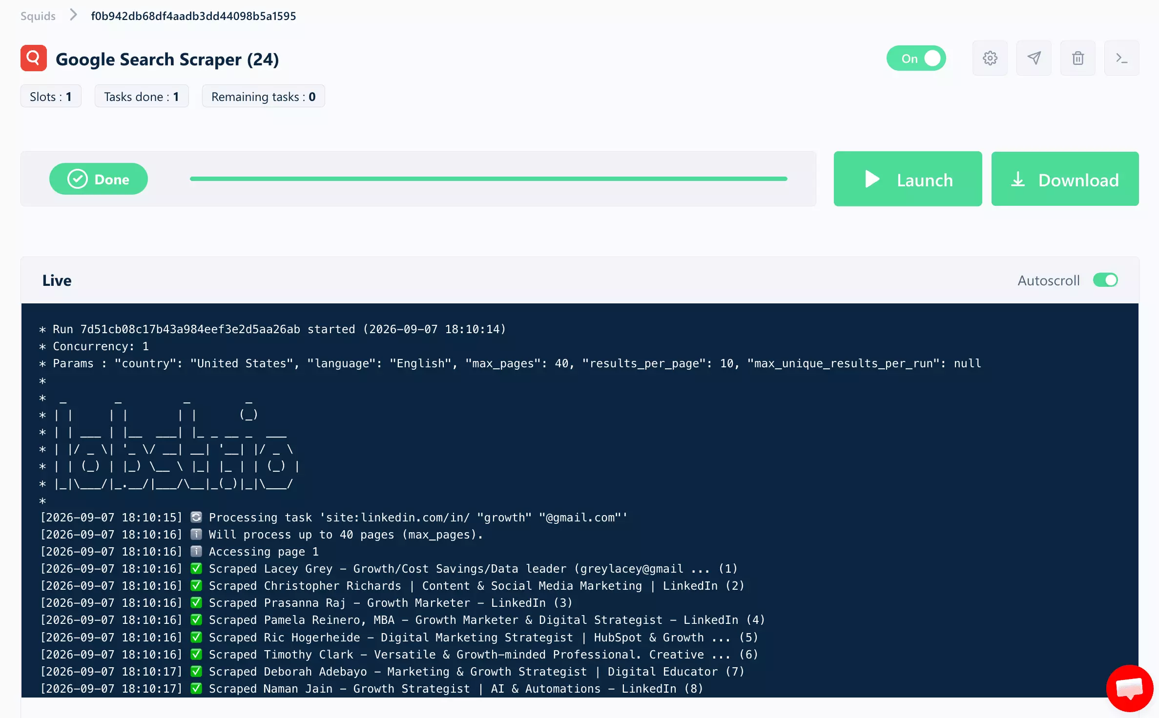 The lobstr.io console mid-run β the Google Search Scraper collecting results for the dork, live log visible