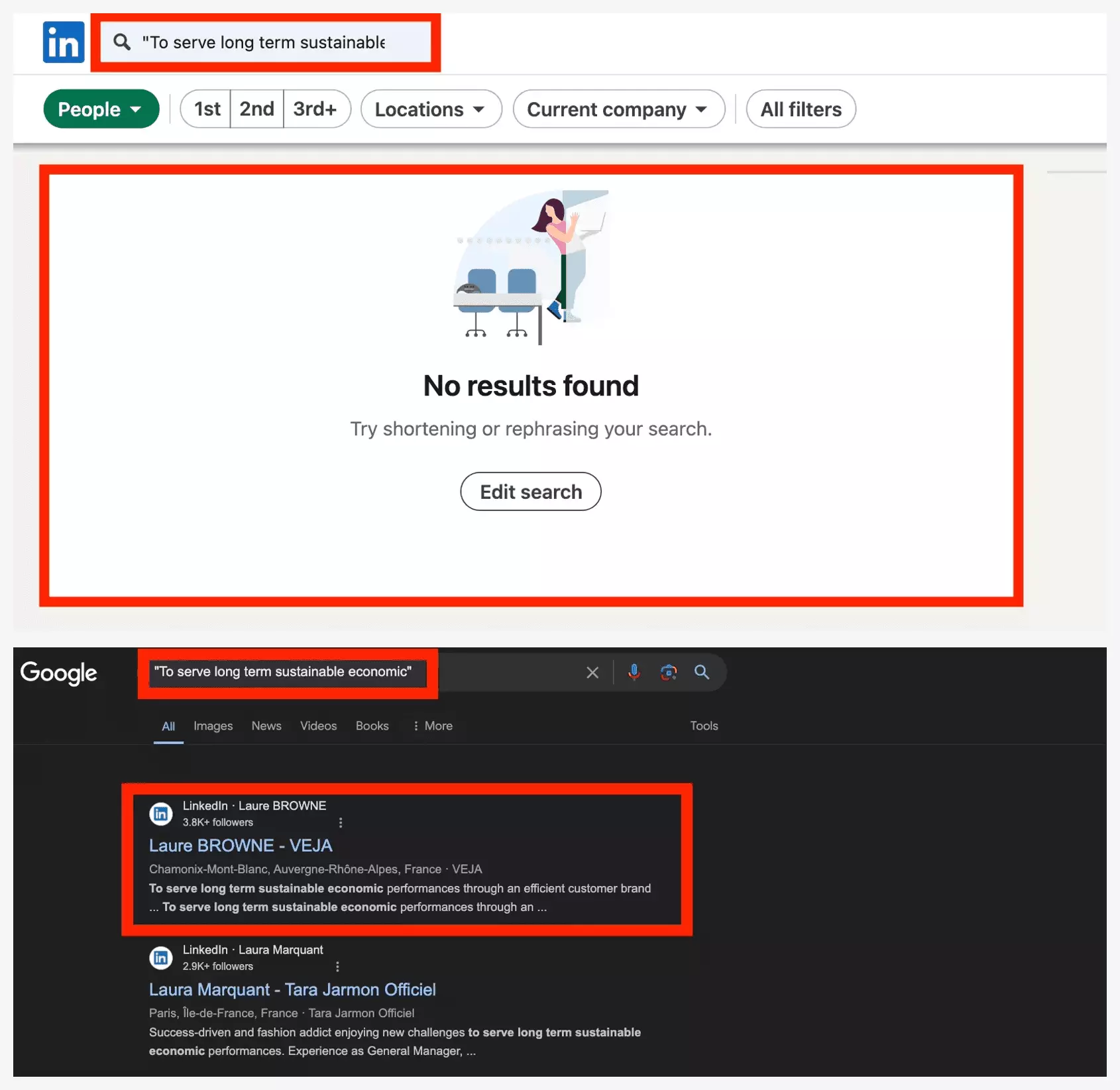 The same About-section phrase: LinkedIn's search returns nothing, Google returns the profile
