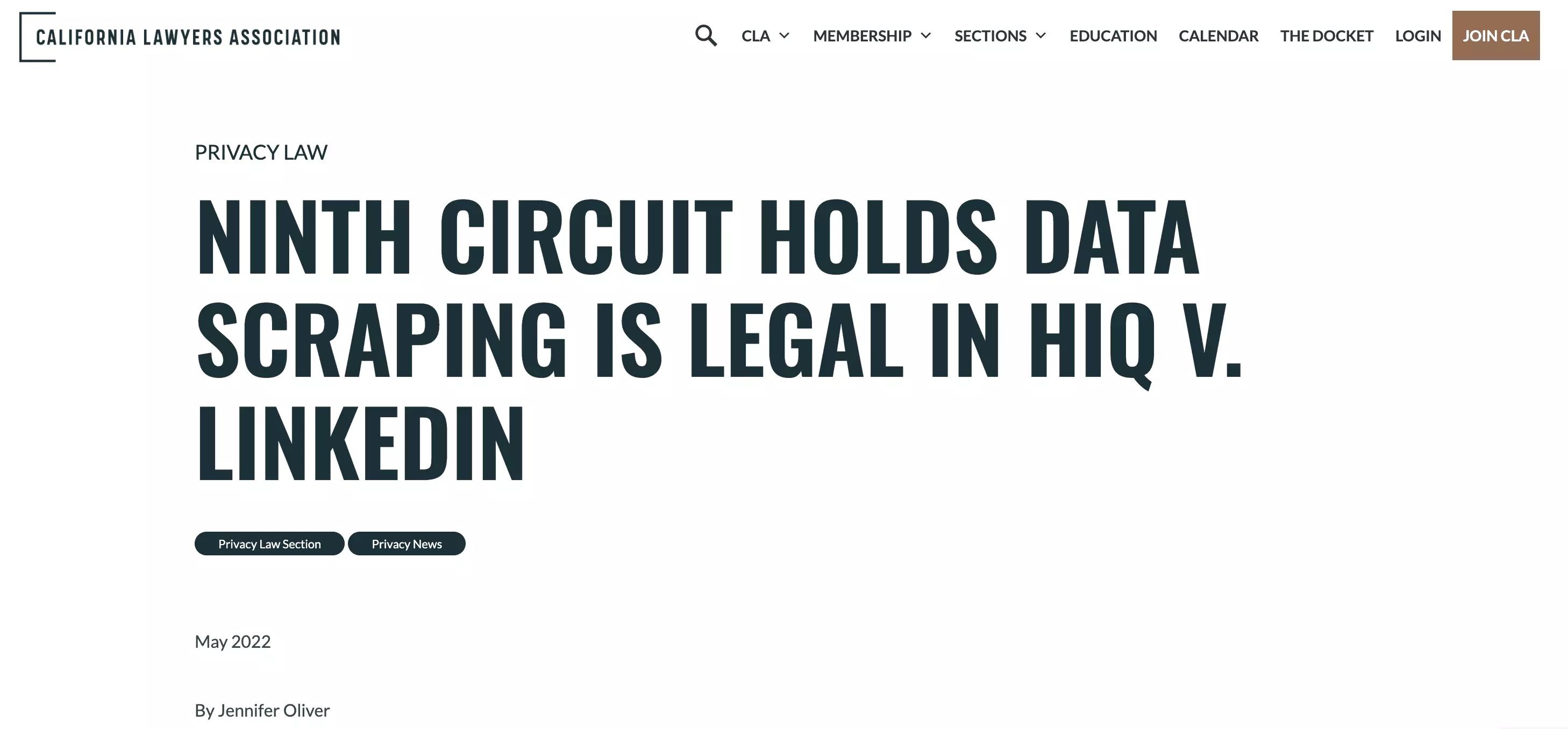 California Lawyers Association: Ninth Circuit holds data scraping is legal in hiQ v. LinkedIn