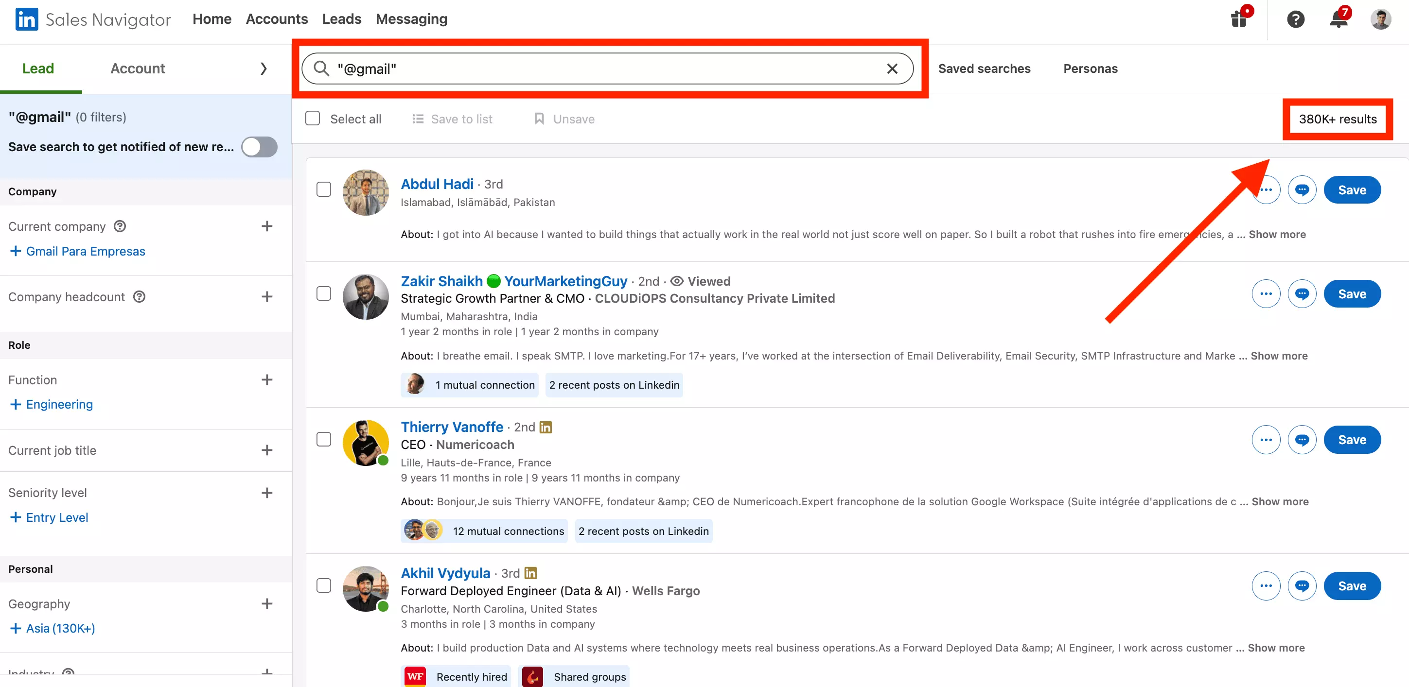 Sales Navigator keyword search for @gmail β about 380K results out of a billion-plus members