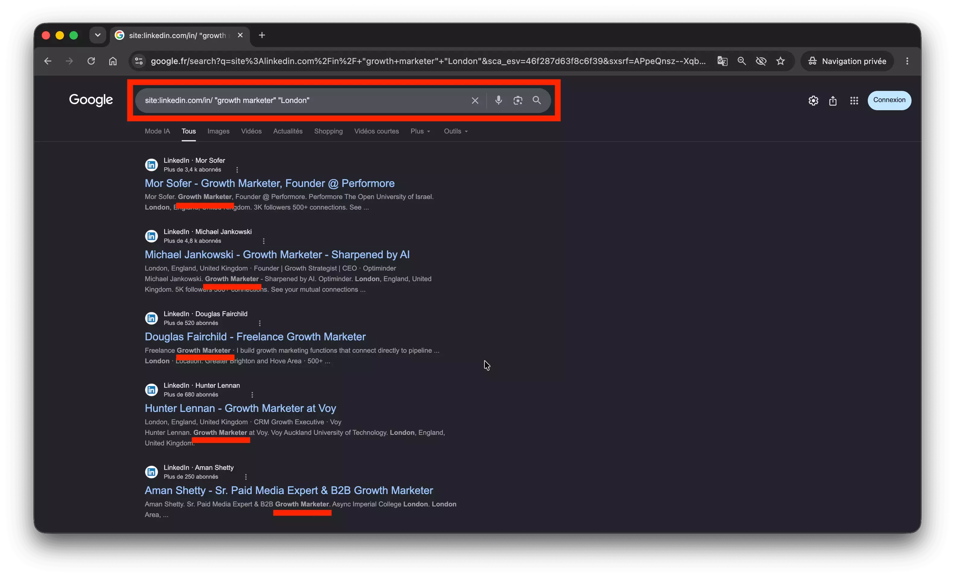 Real Google SERP for site:linkedin.com/in/ growth marketer London β a clean page of public profiles