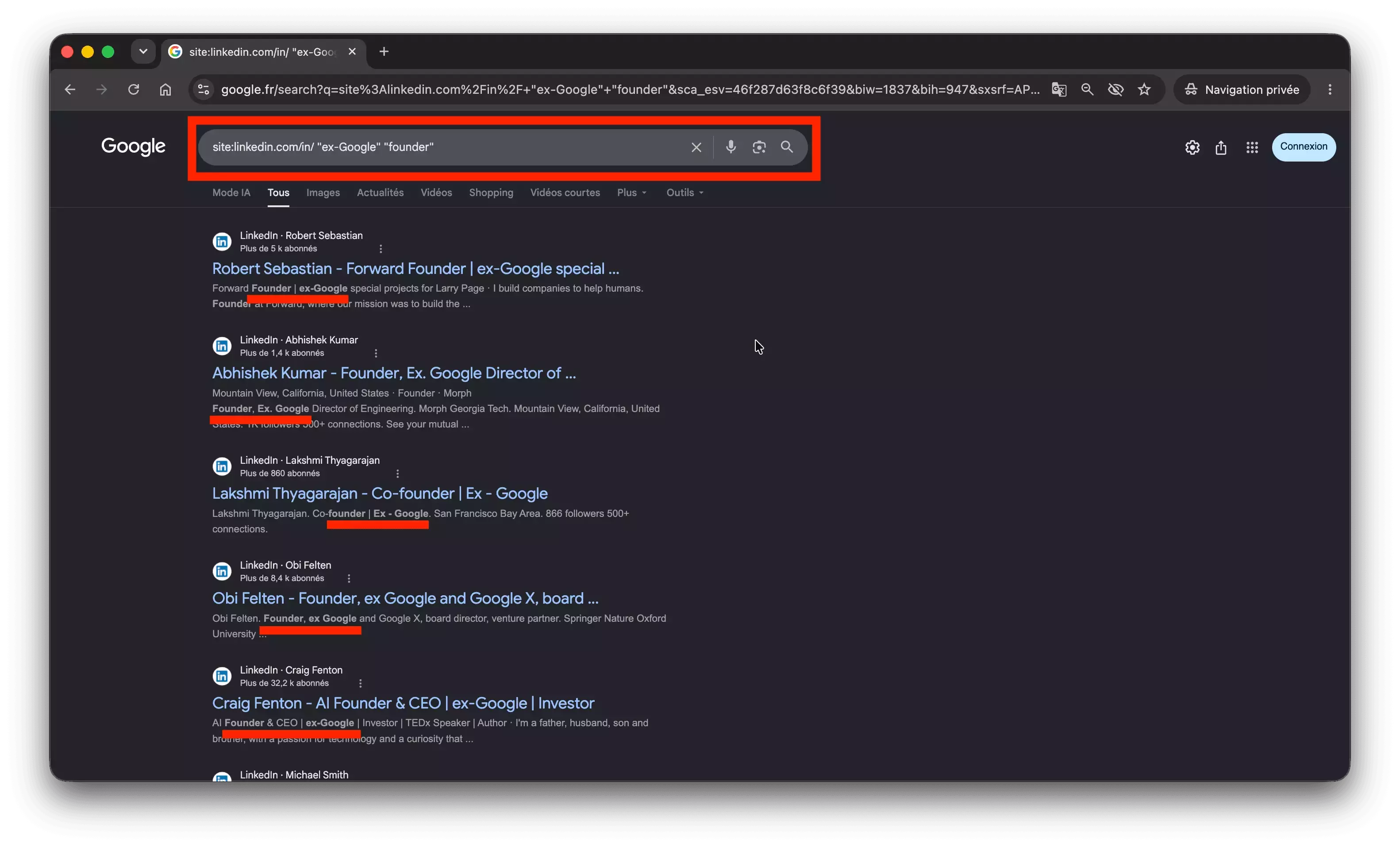 Google results for site:linkedin.com/in/ ex-Google founder β the alumni-outreach search