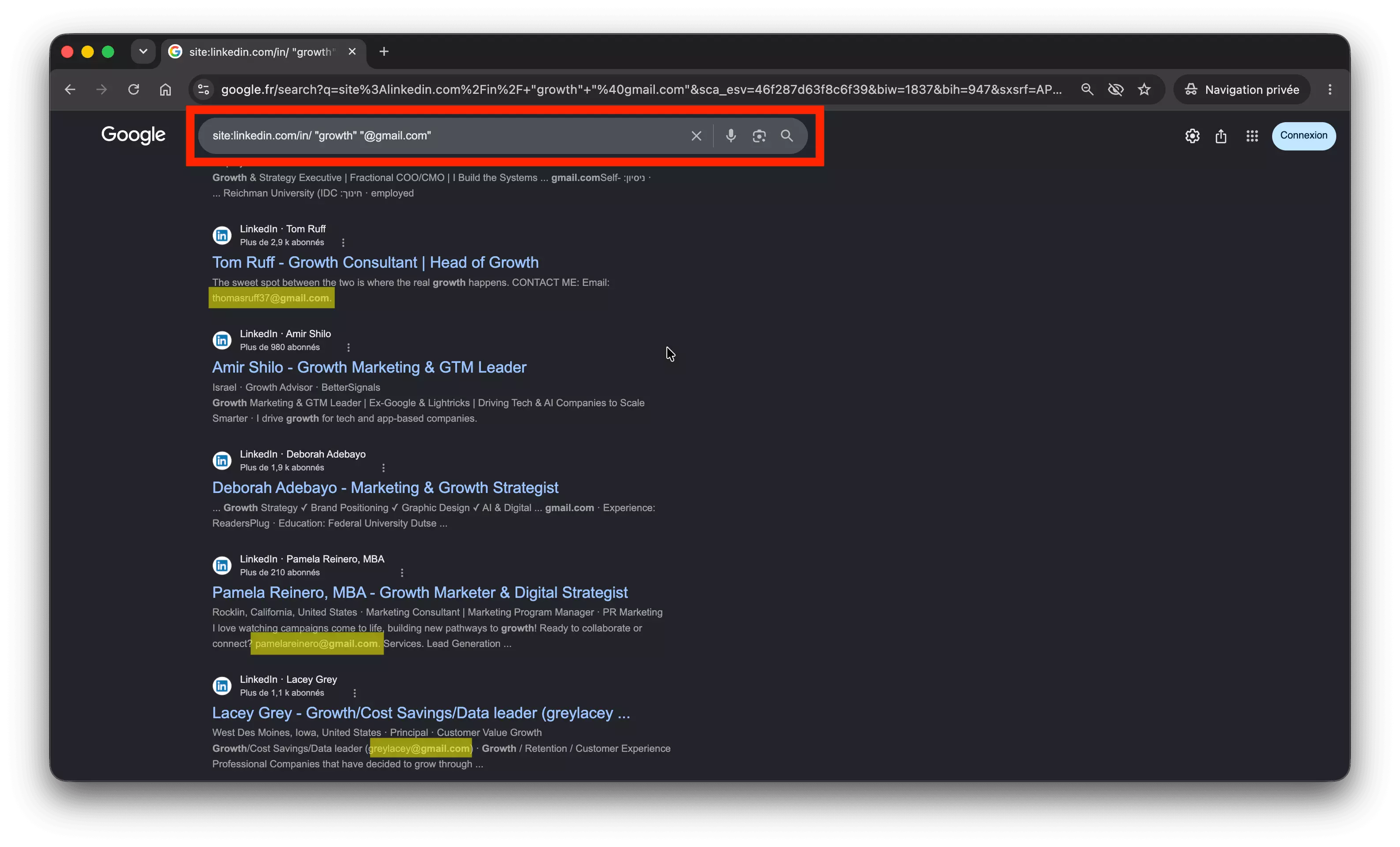 Google results for site:linkedin.com/in/ growth @gmail.com β full email addresses sitting right in the snippets