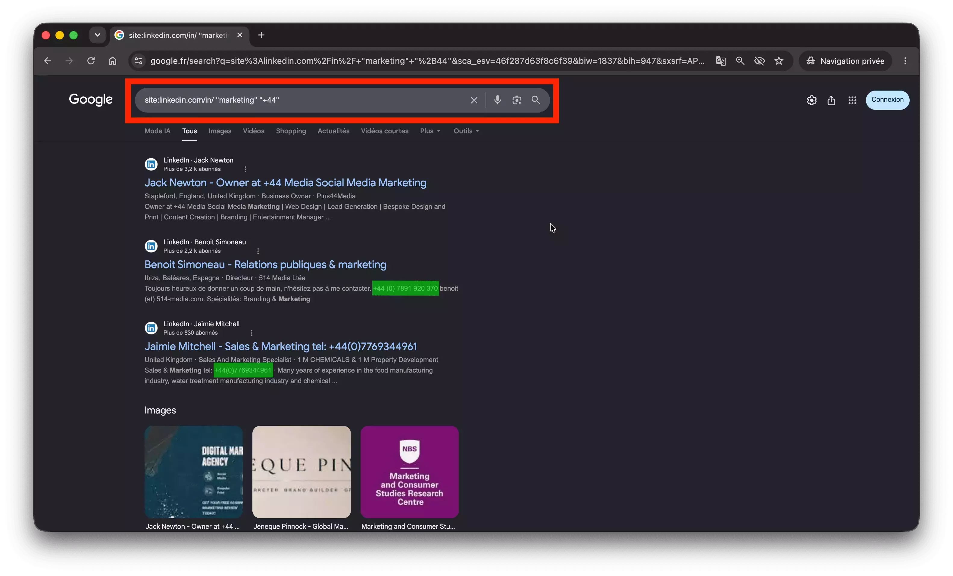 Google results for site:linkedin.com/in/ marketing +44 β phone numbers visible in the snippets