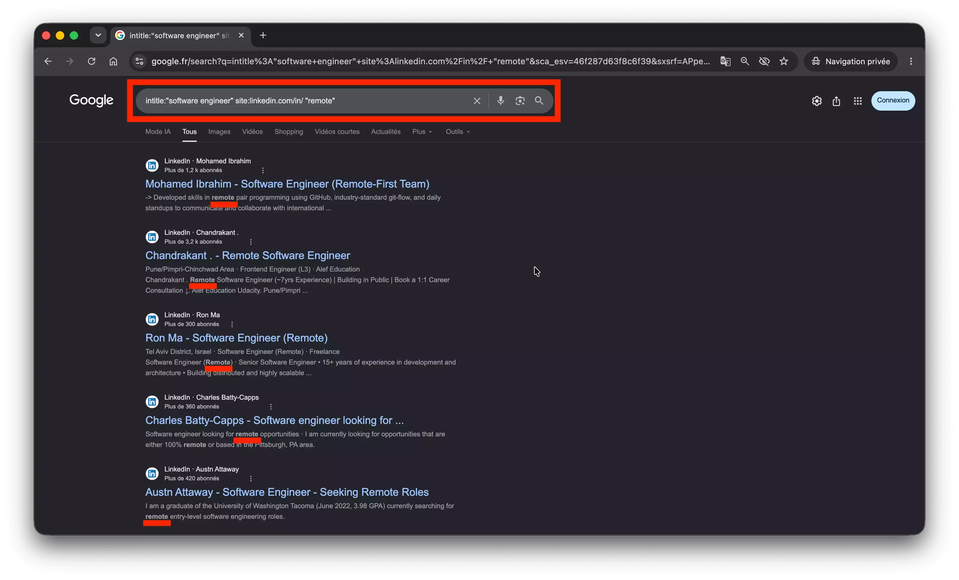Google results for intitle software engineer site:linkedin.com/in/ remote β every title carries the role