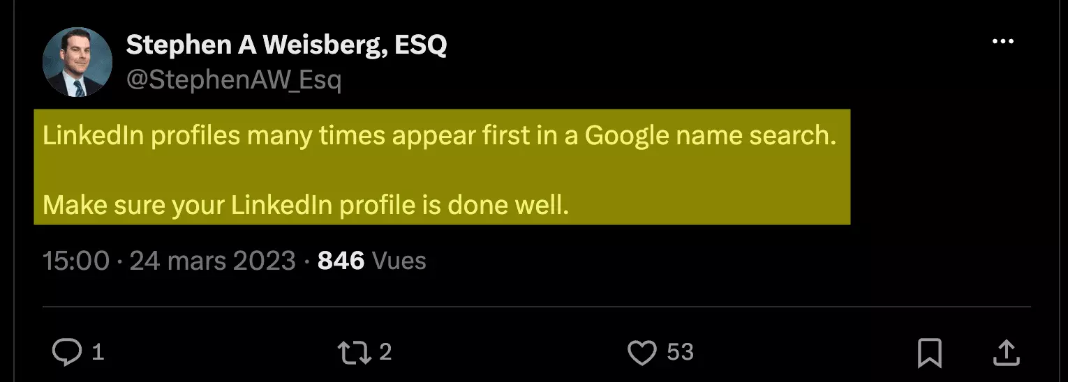 Tweet: LinkedIn profiles many times appear first in a Google name search