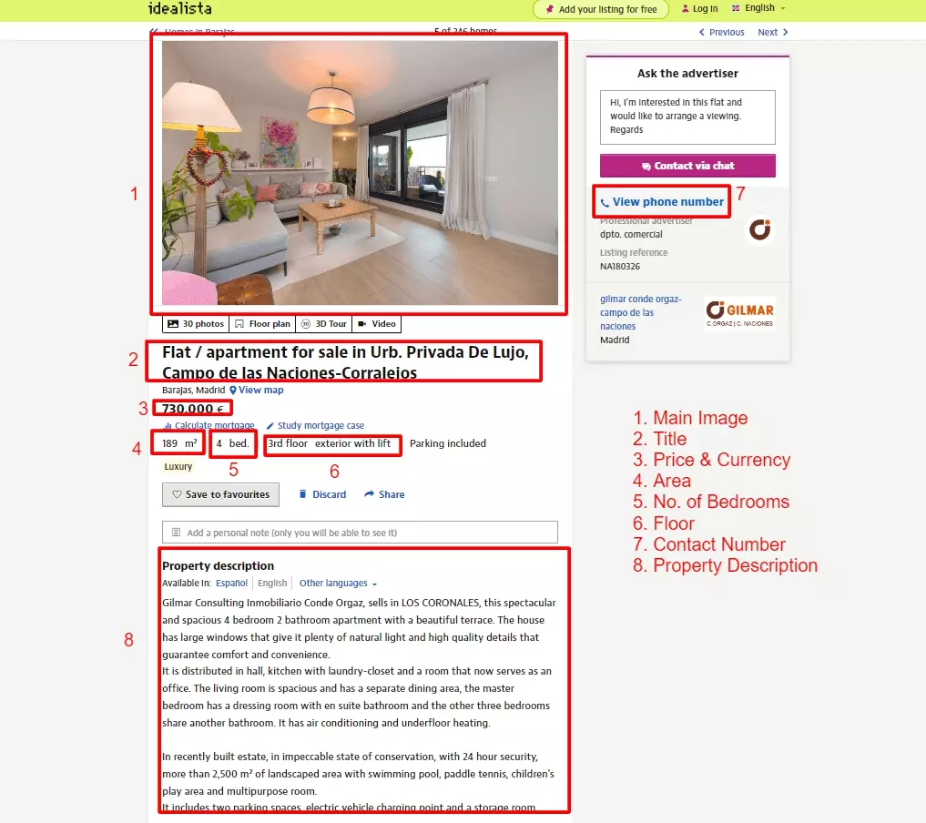Data Attributes Scraped by Lobstr Idealista Scraper