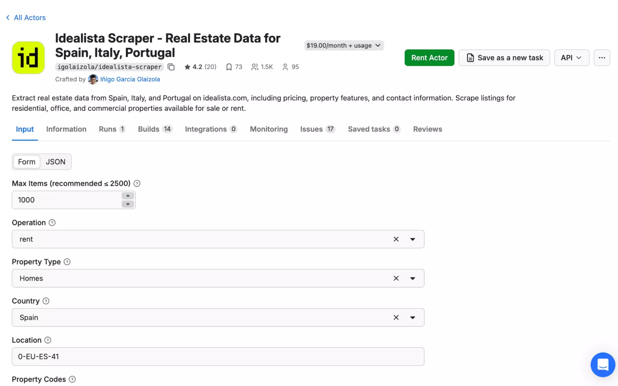 Apify Idealista scraper input form β operation, property type, country, and location fields
