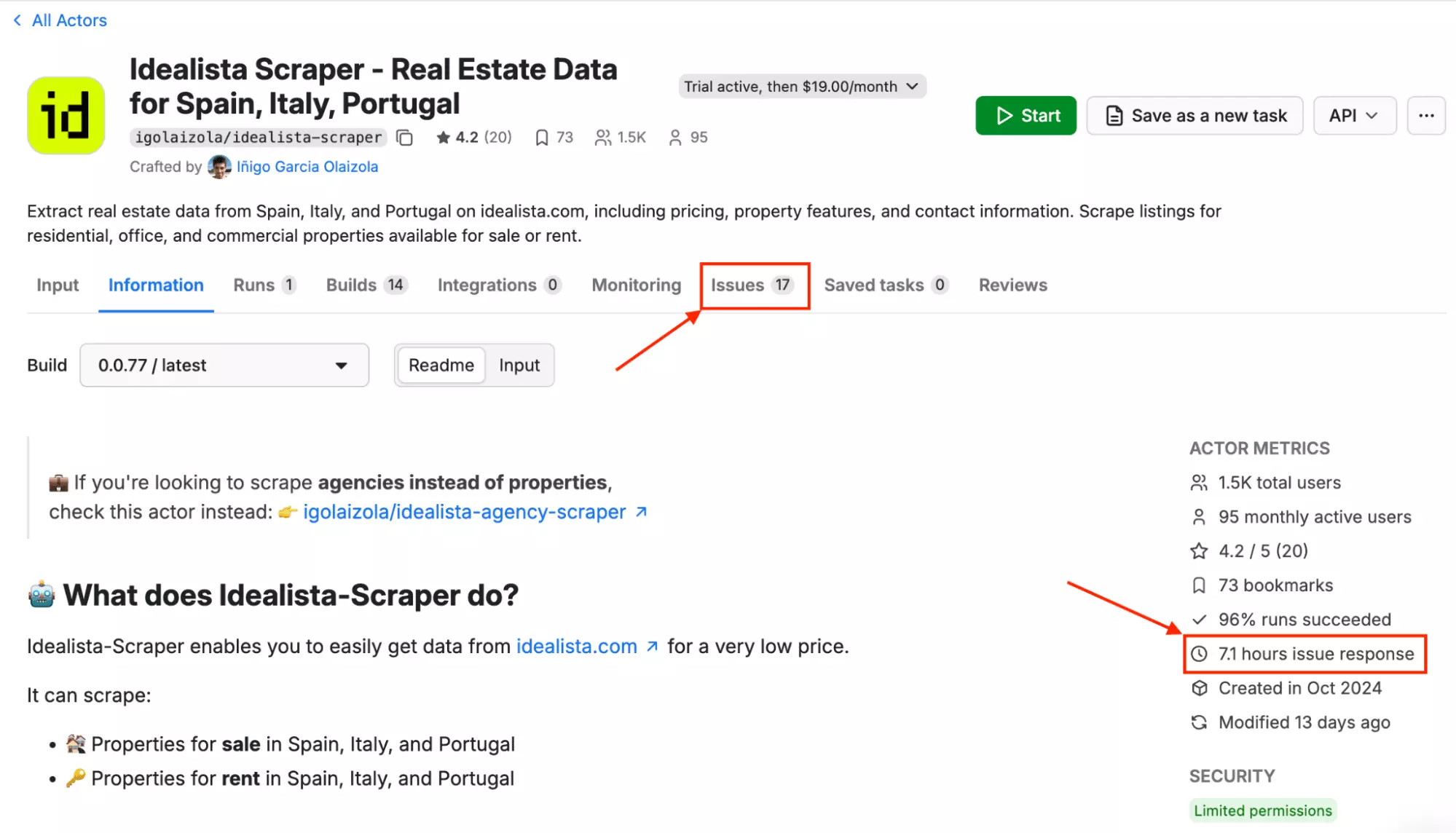 Apify support options β live chat, ticketing system, and Issues tab on the actor page