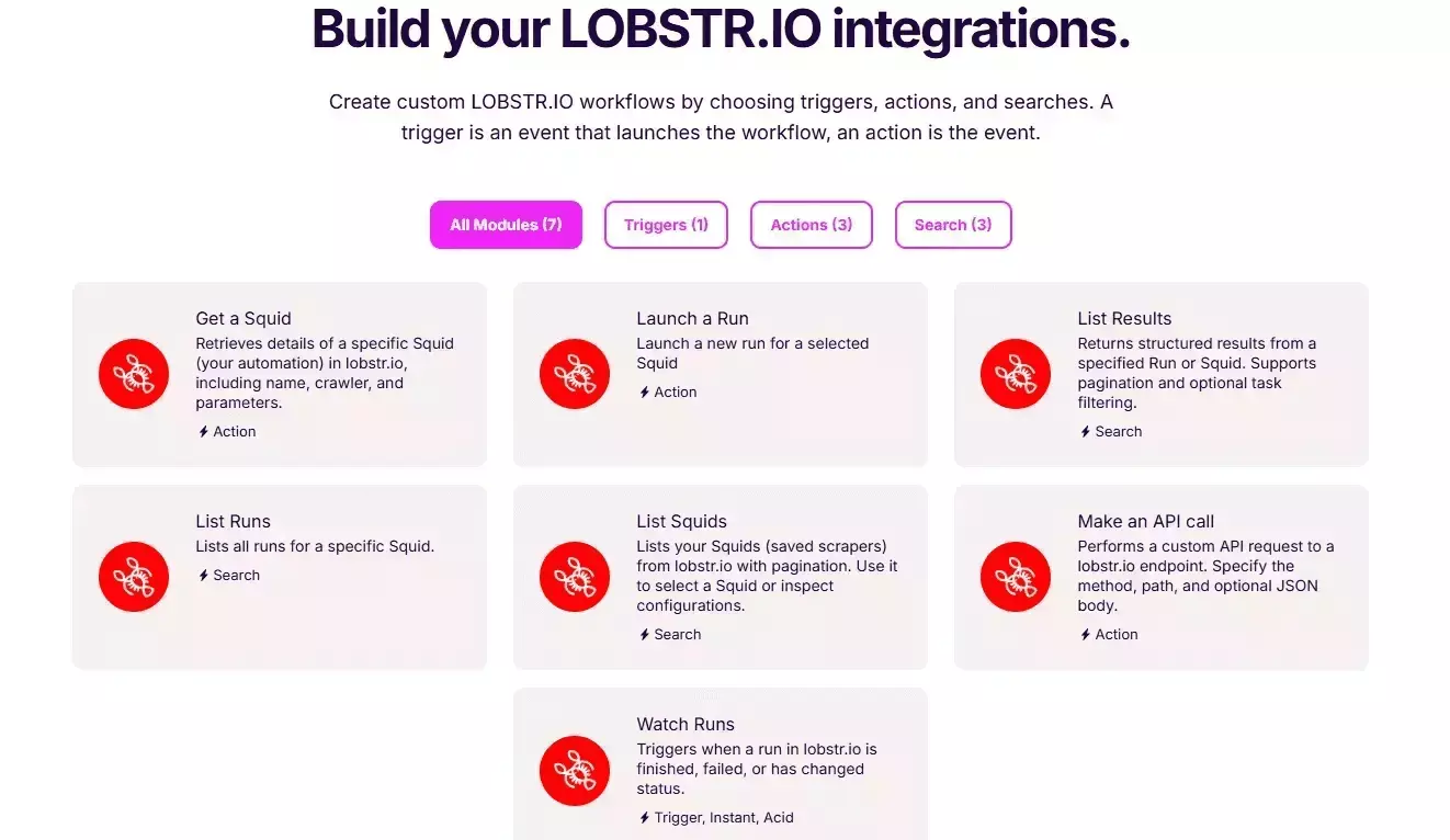 lobstr.io Make.com integration giving access to 3,000+ apps