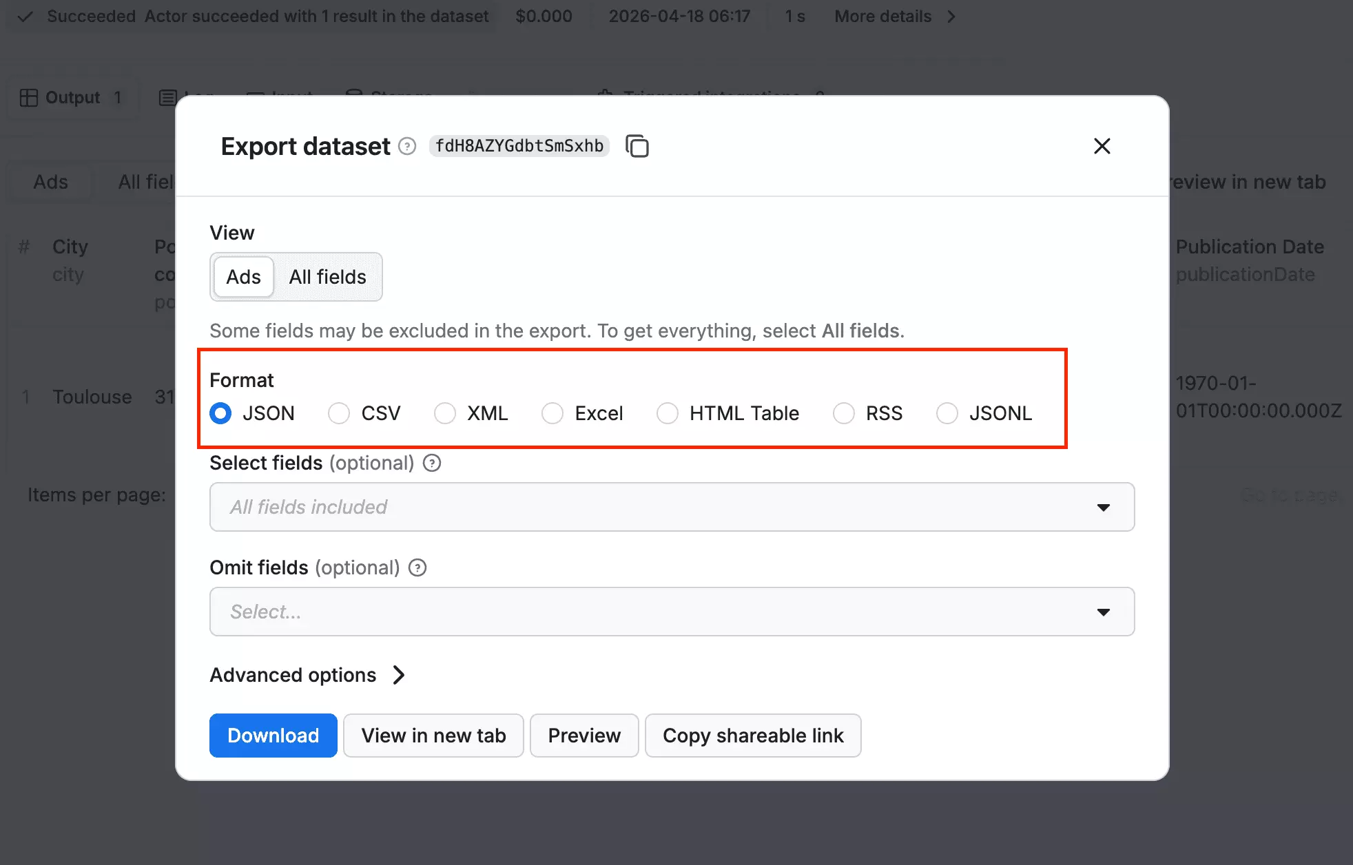 Apify export format options β JSON, CSV, XML, Excel, HTML, and more
