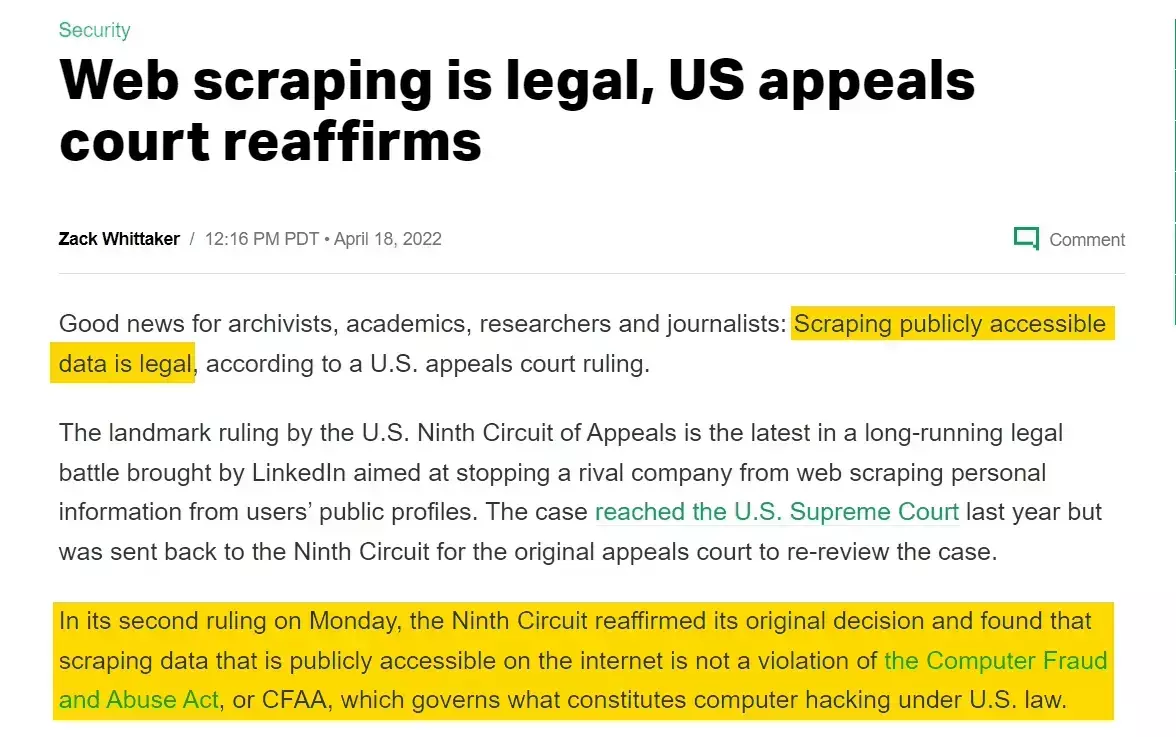 Is it legal to scrape Yelp reviews - US appeals court reaffirms web scraping is legal
