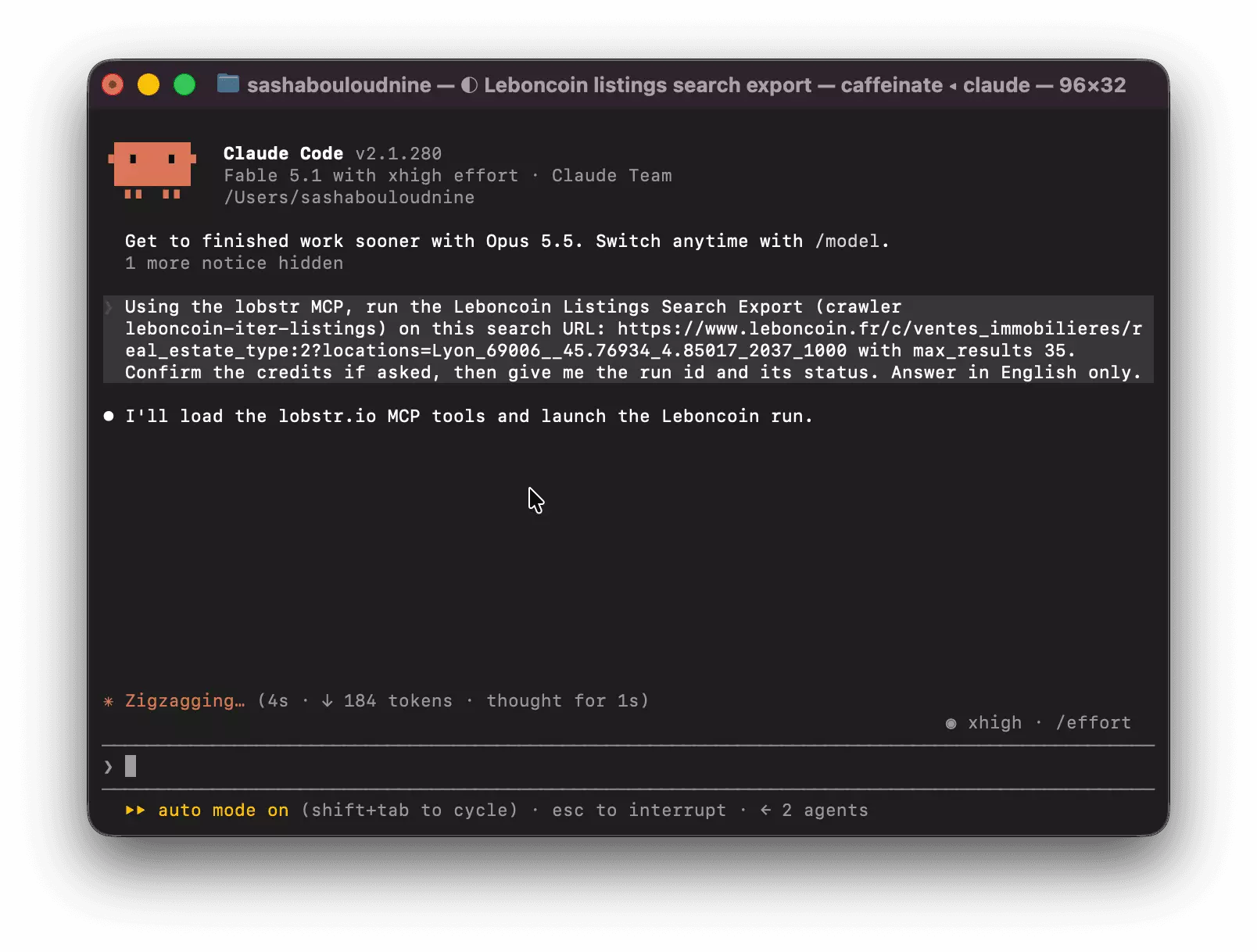 Claude Code in a terminal with the prompt: Using the lobstr MCP, run the Leboncoin Listings Search Export (crawler leboncoin-iter-listings) on this search URL with max_results 35, confirm the credits if asked, then give me the run id and its status; Claude answers that it will load the lobstr.io MCP tools and launch the Leboncoin run
