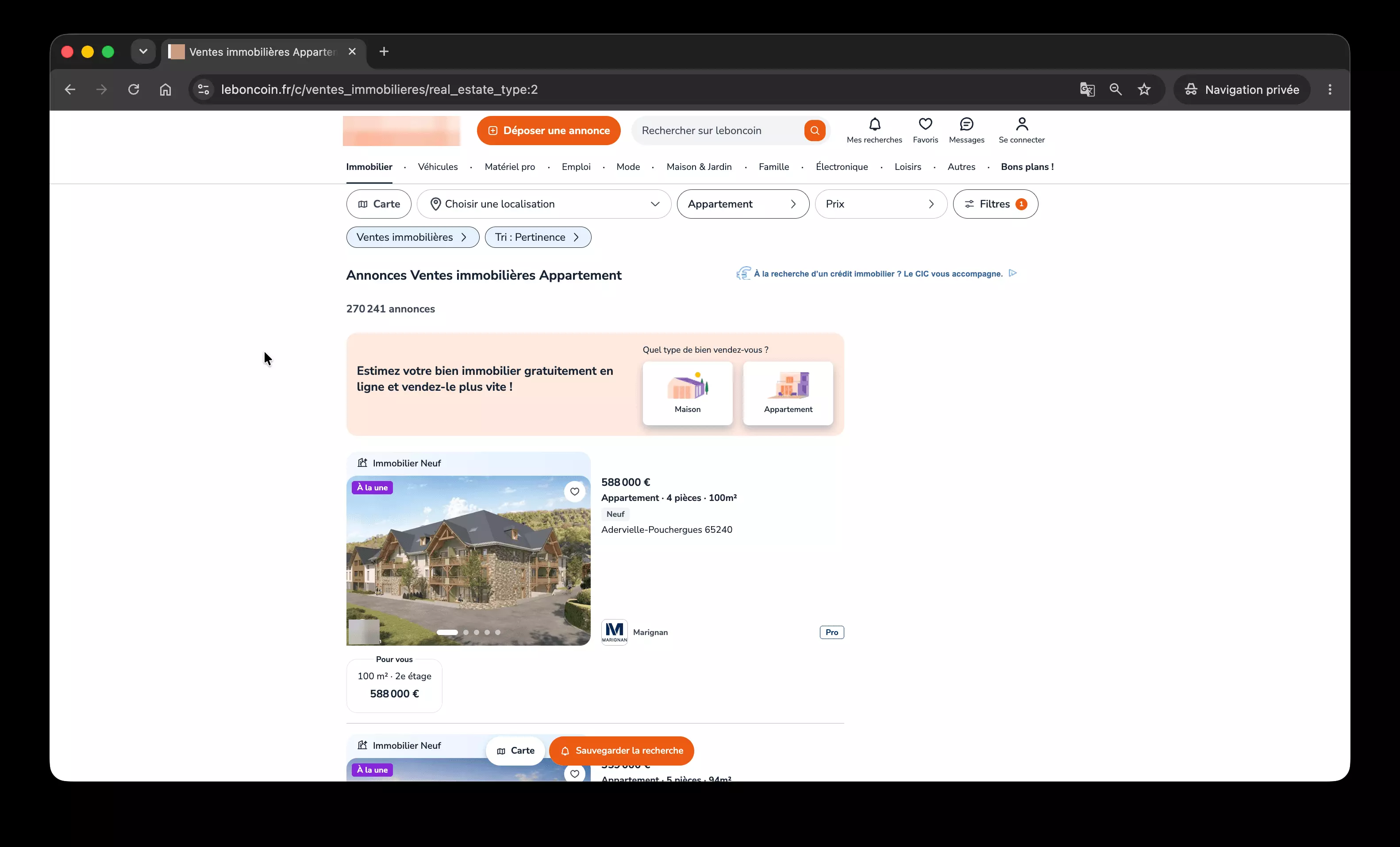 leboncoin.fr in a private Chrome window: the Ventes immobilières Appartement search, 270,241 listings across France, with the category, location, price and Filtres controls above the first listing