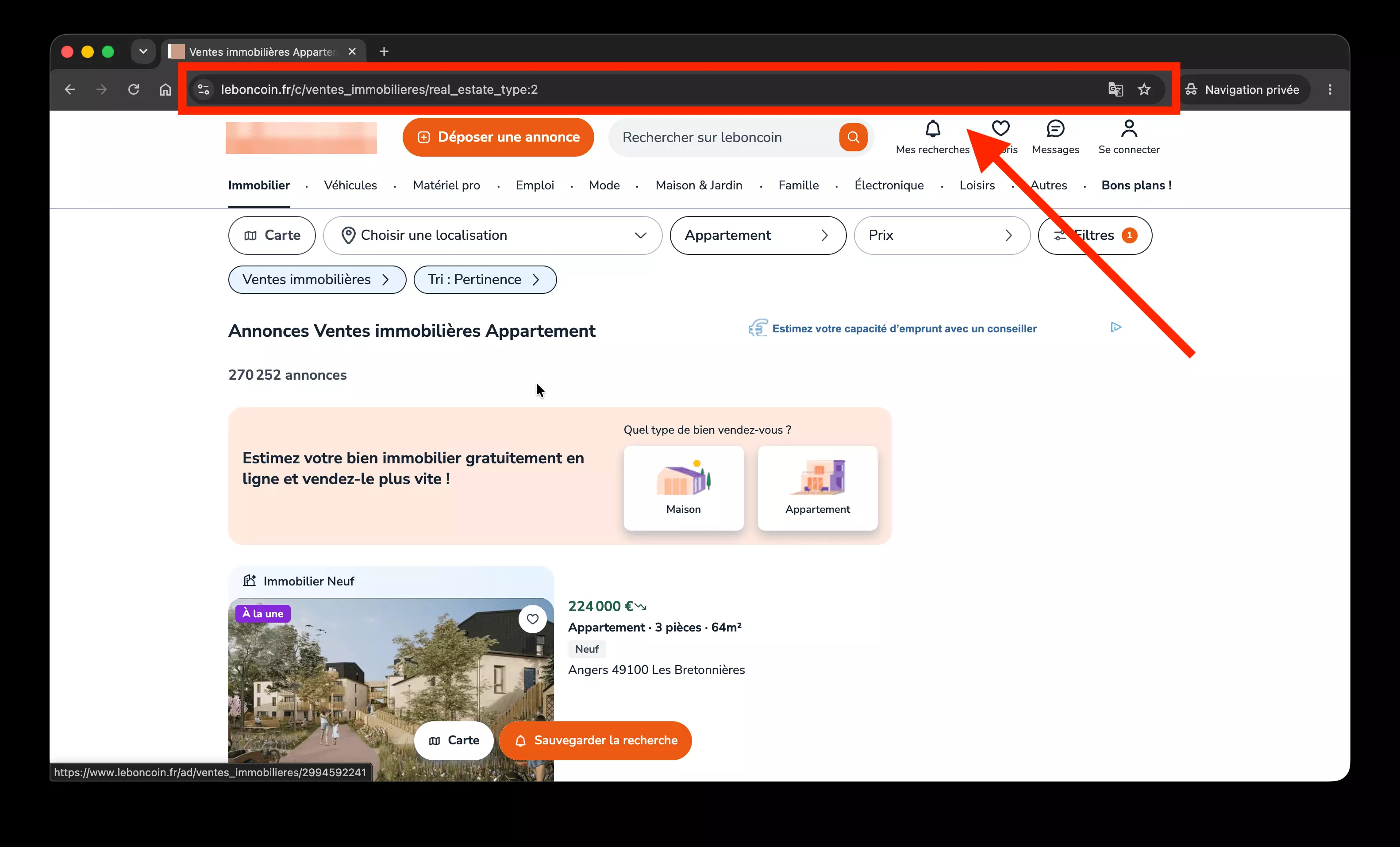leboncoin.fr apartments-for-sale search with a red box and arrow on the address bar: the URL is the search