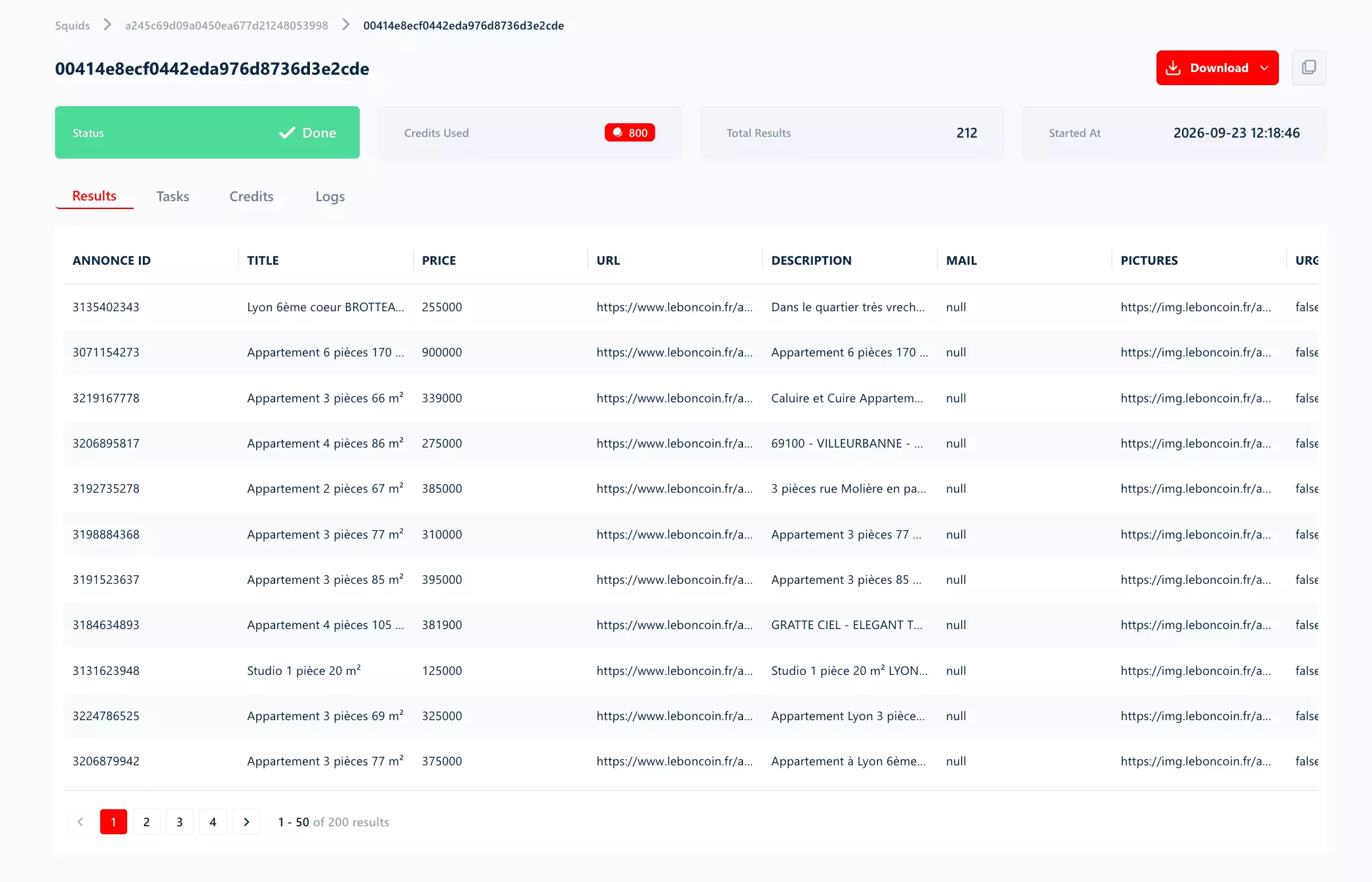 The finished run page in the lobstr.io dashboard: status Done, 800 credits used, 212 total results, started 2026-09-23 12:18:46, and the results table with ANNONCE ID, TITLE, PRICE, URL, DESCRIPTION columns, 1-50 of 200 results