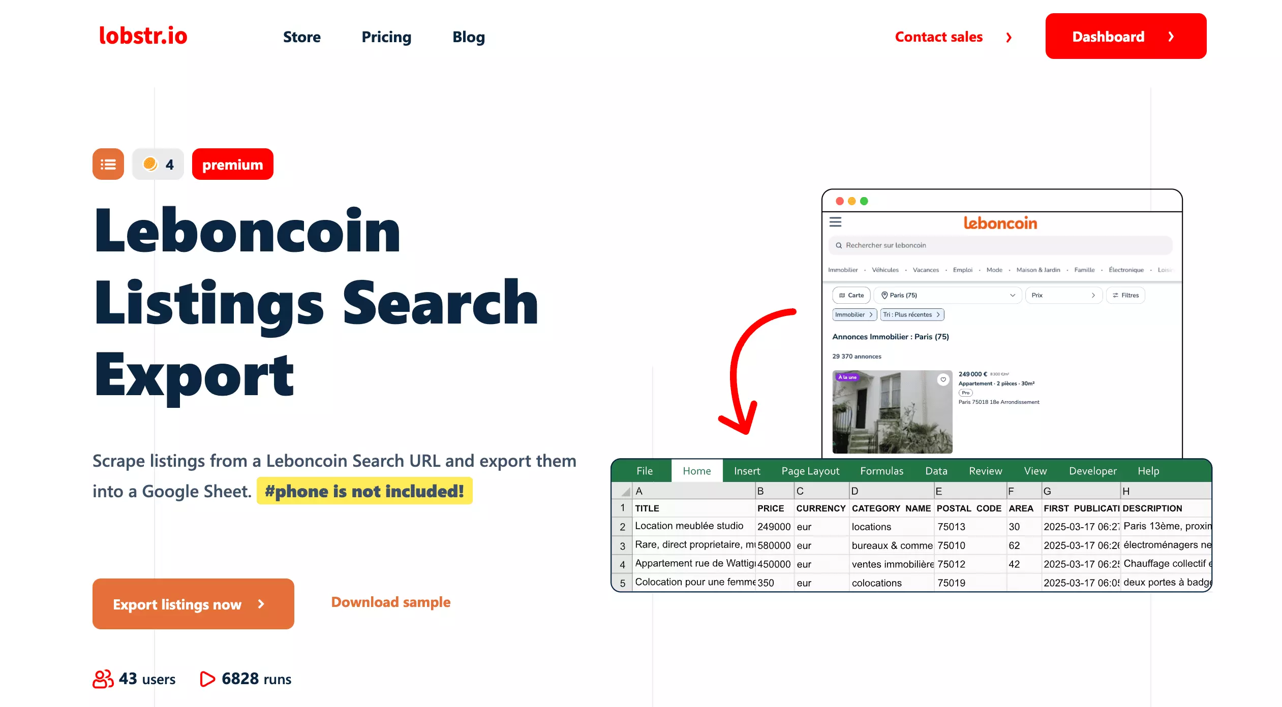 The lobstr.io store page of the Leboncoin Listings Search Export: premium badge, 4 credits, the line phone is not included, the Export listings now button, 43 users and 6,828 runs