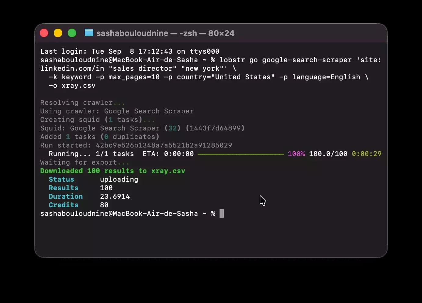 Terminal: lobstr CLI runs the Google Search scraper on a LinkedIn X-ray dork — 100 results downloaded in 23.7 seconds