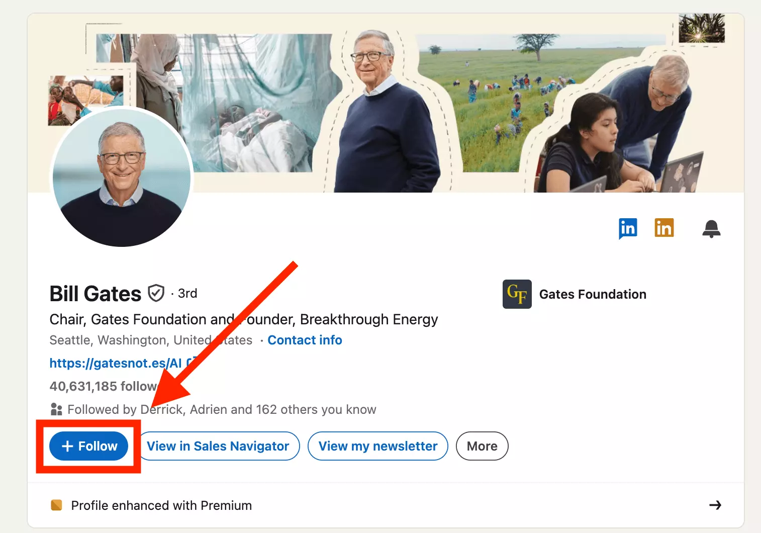 A large LinkedIn profile showing a Follow button instead of Connect: the 30,000 connections cap at work