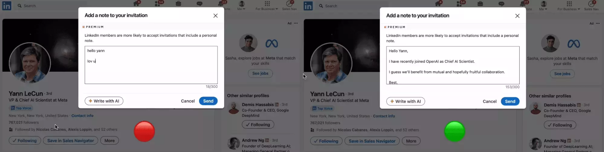 Side by side: a generic salesy connection note versus a short personalized one referencing shared context